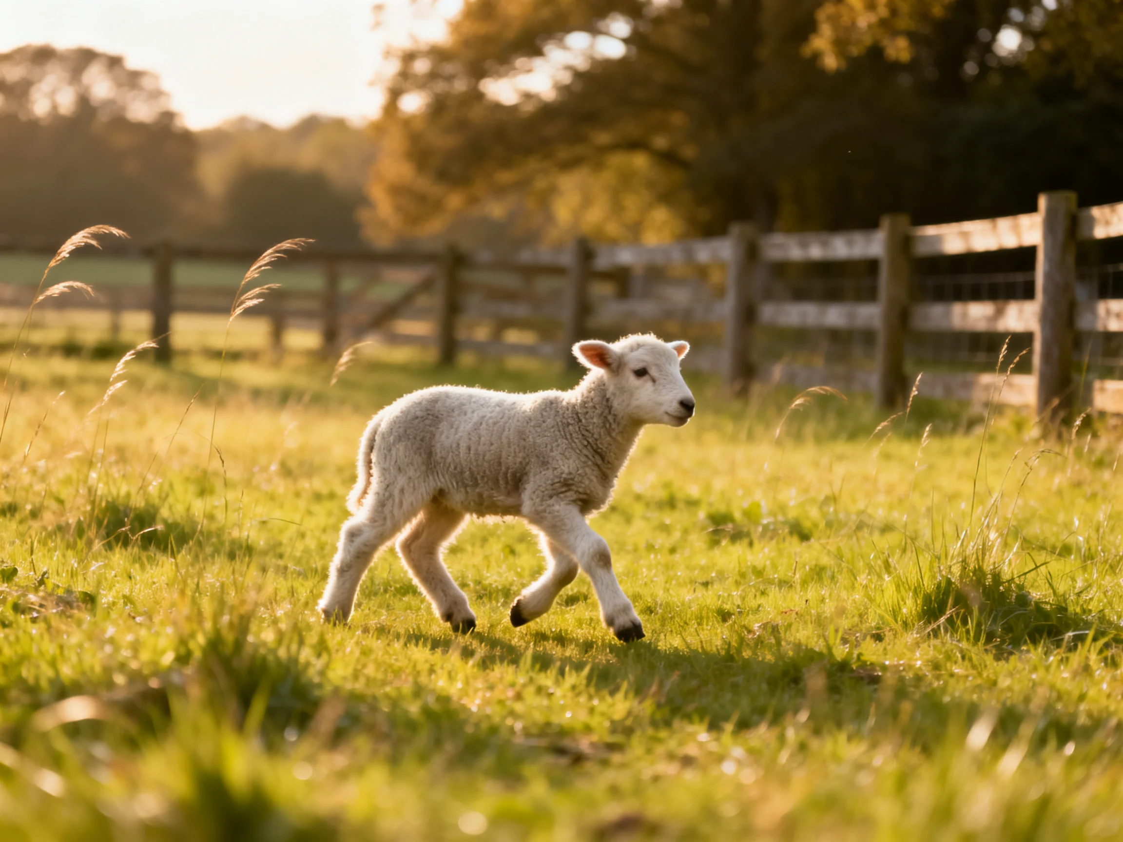 Fluffy white lamb running in sunlit green pasture