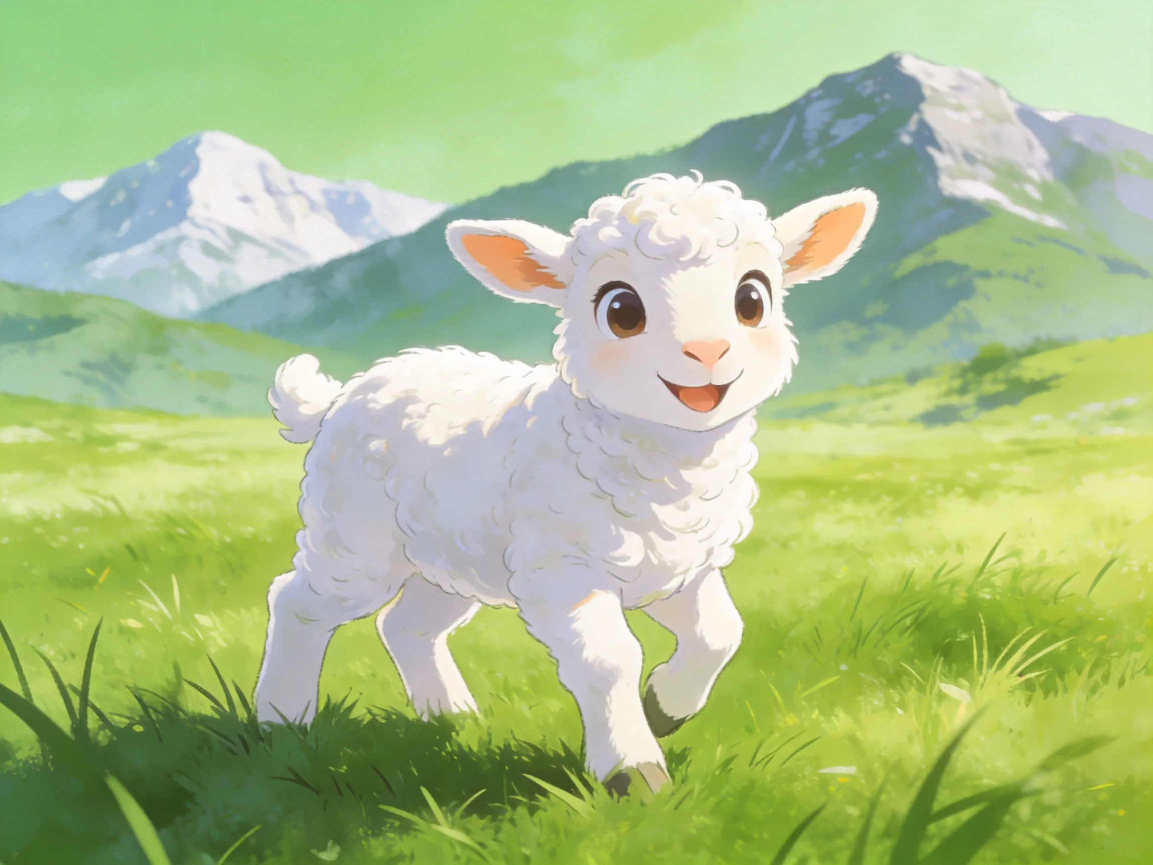 Fluffy white lamb running through a green meadow with mountains