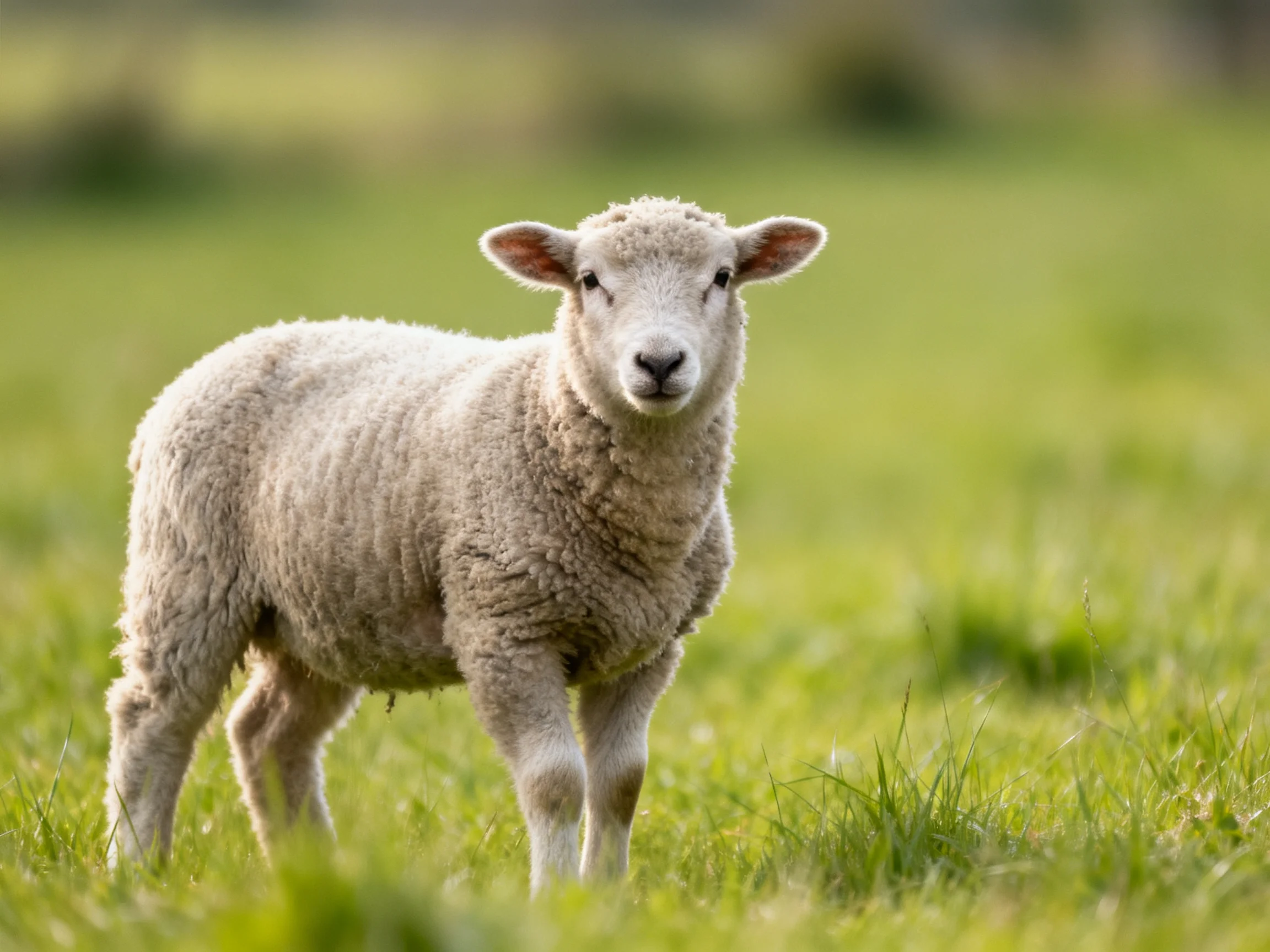 Fluffy white lamb standing in a lush green pasture