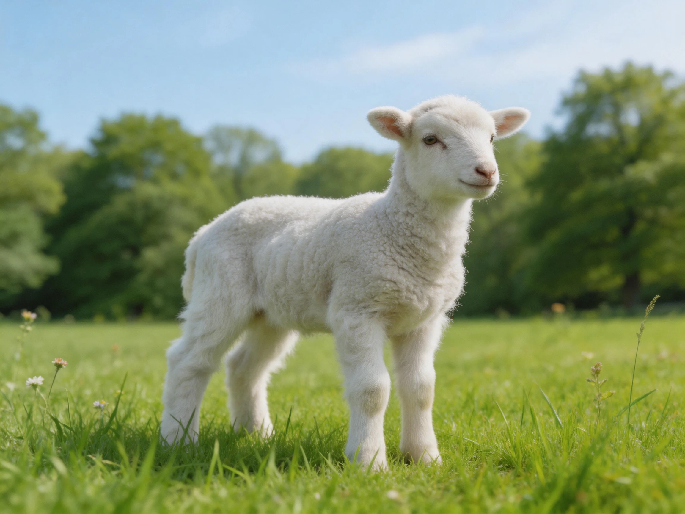 Fluffy white lamb standing on green grass near trees