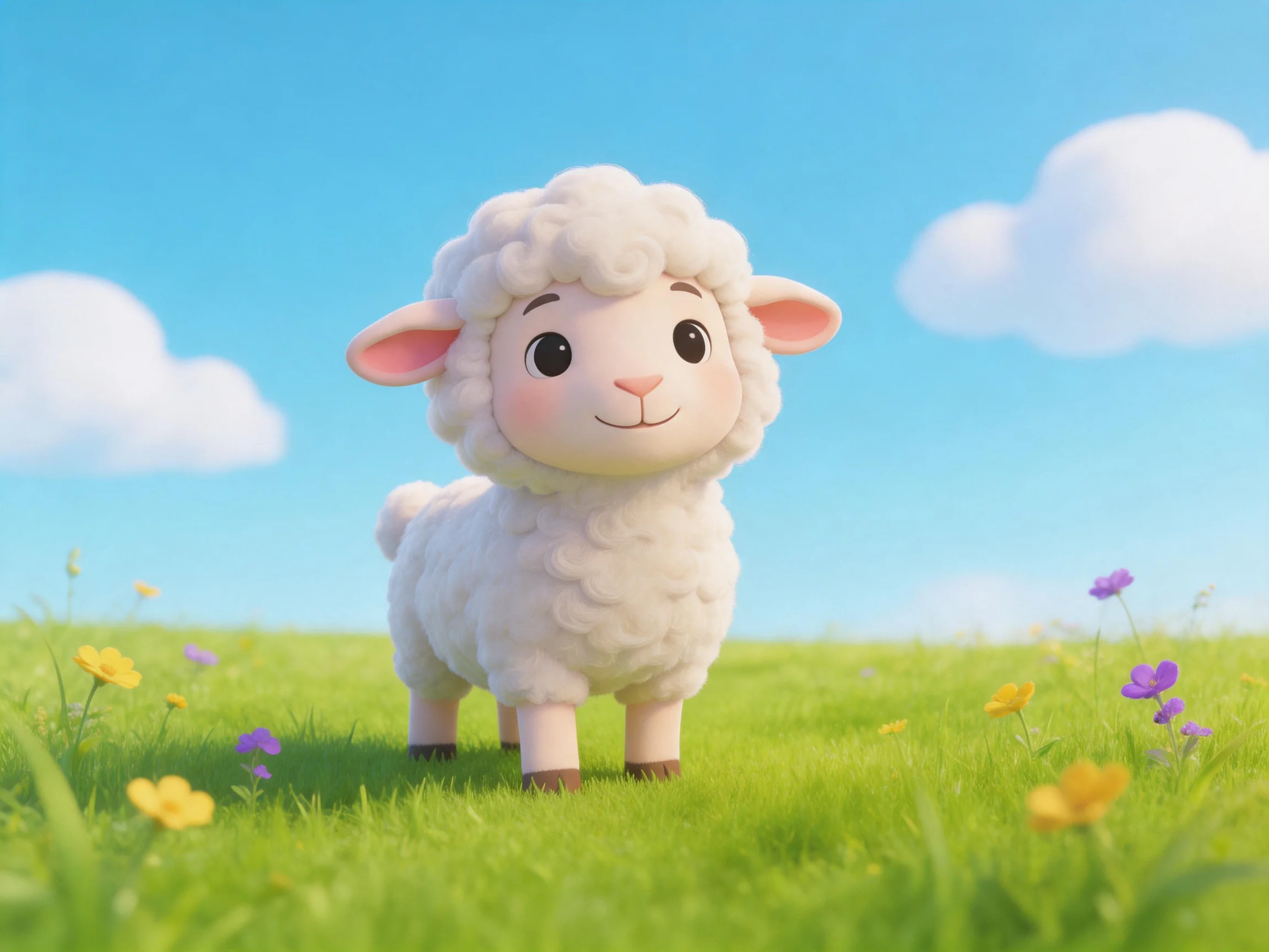 Fluffy white lamb standing on lush green grass with colorful wildflowers