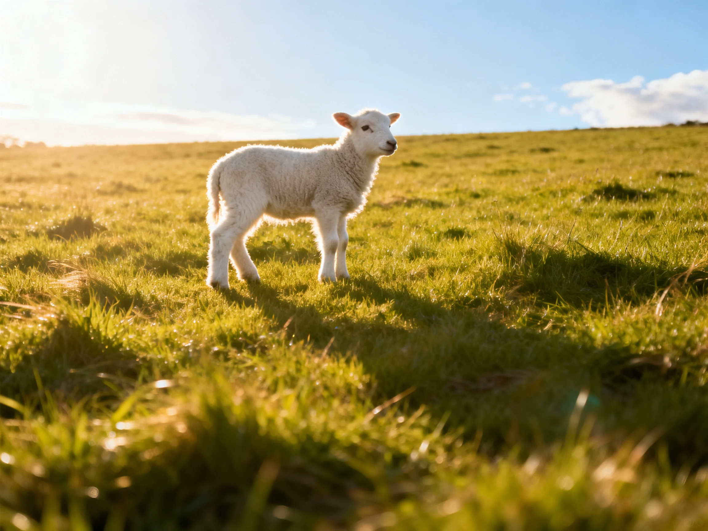 Fluffy white lamb stands alone in sunlit green meadow