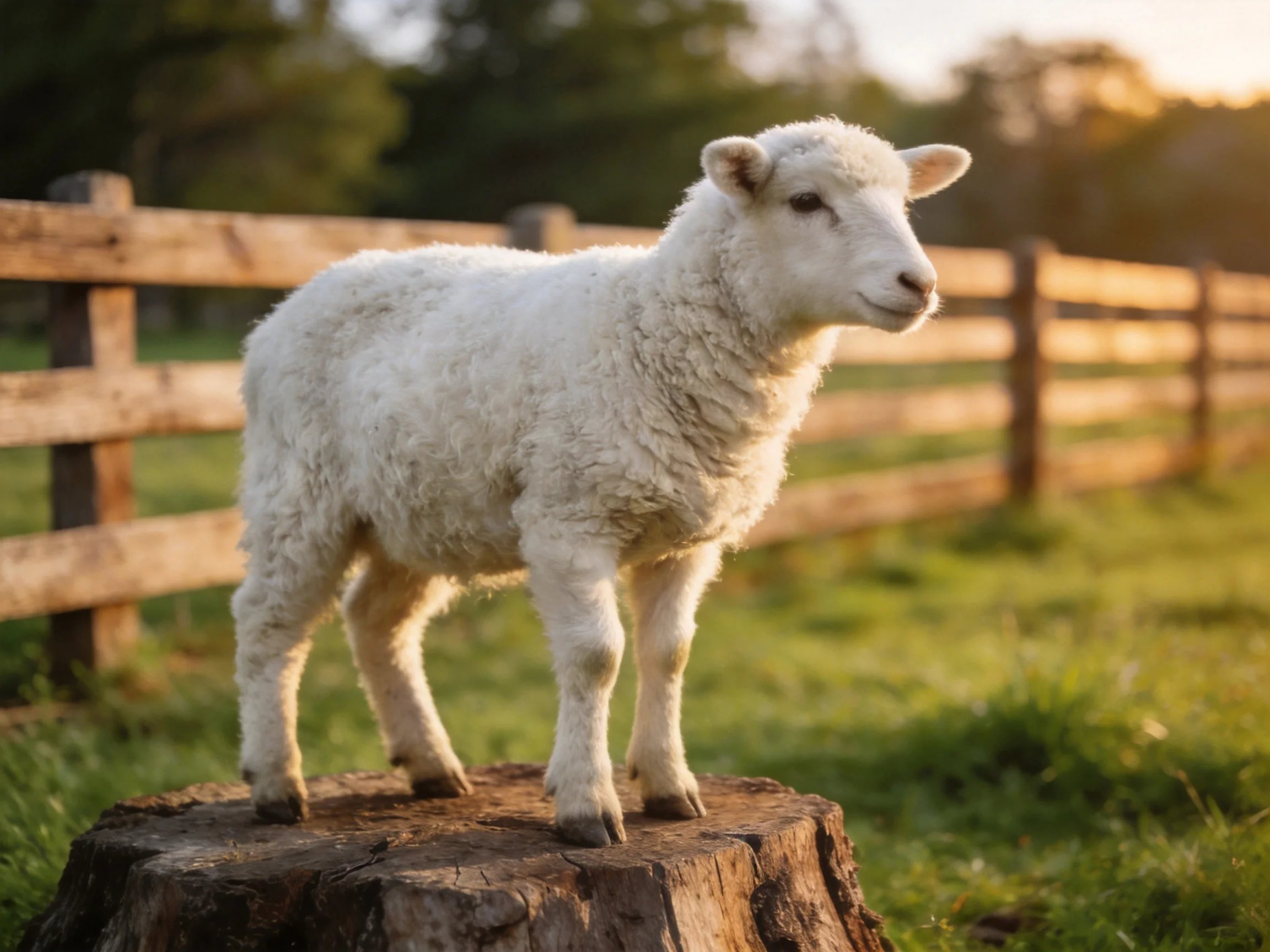 A white lamb stands on a tree stump in a fenced pasture.
