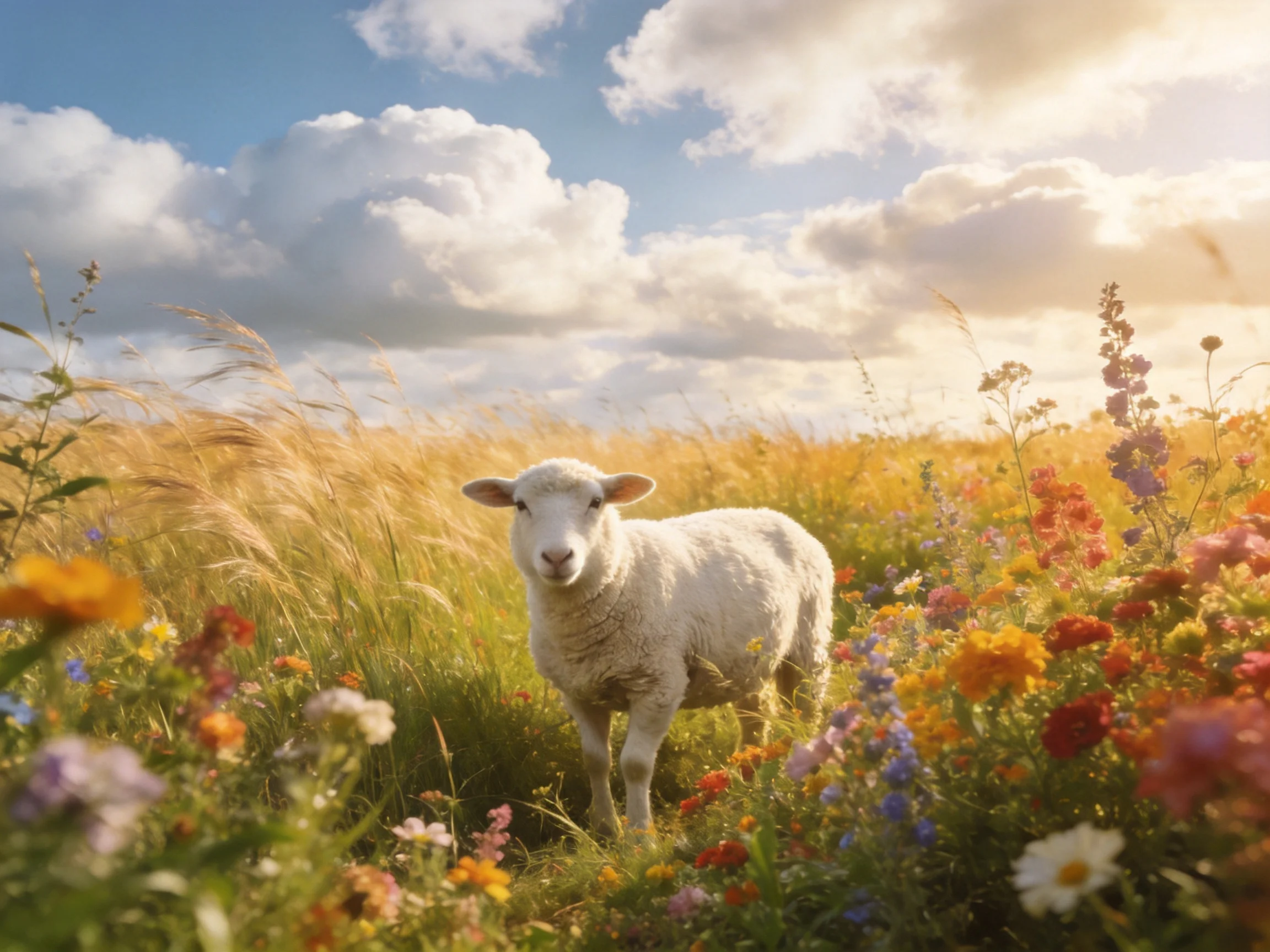 Fluffy white lamb surrounded by colorful wildflowers and golden grass