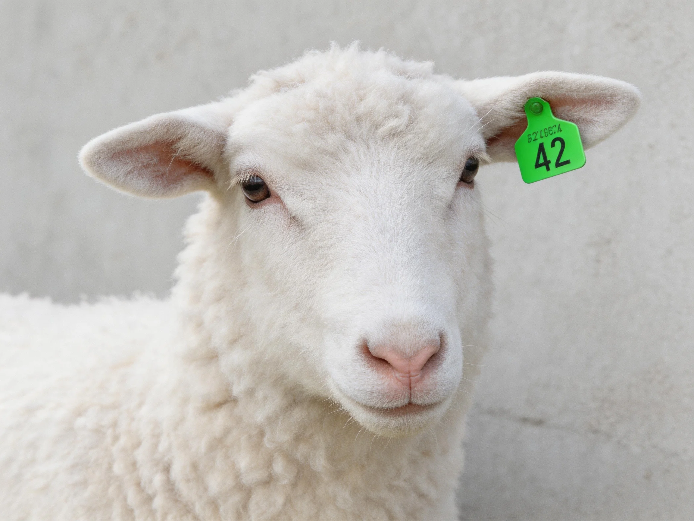Close - up of a white lamb wearing a green numbered ear tag.