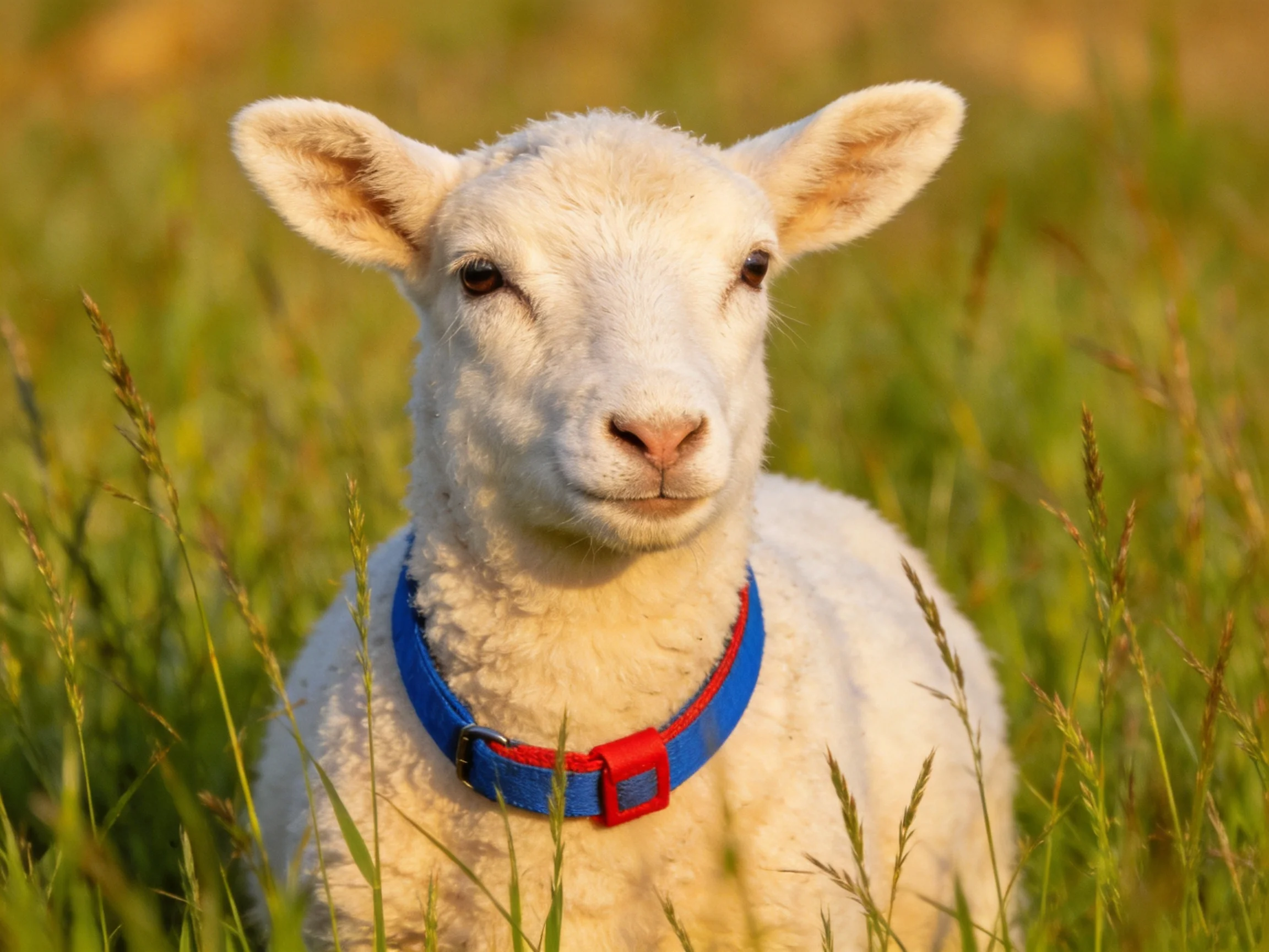 Fluffy white lamb with blue-red collar in tall green grass