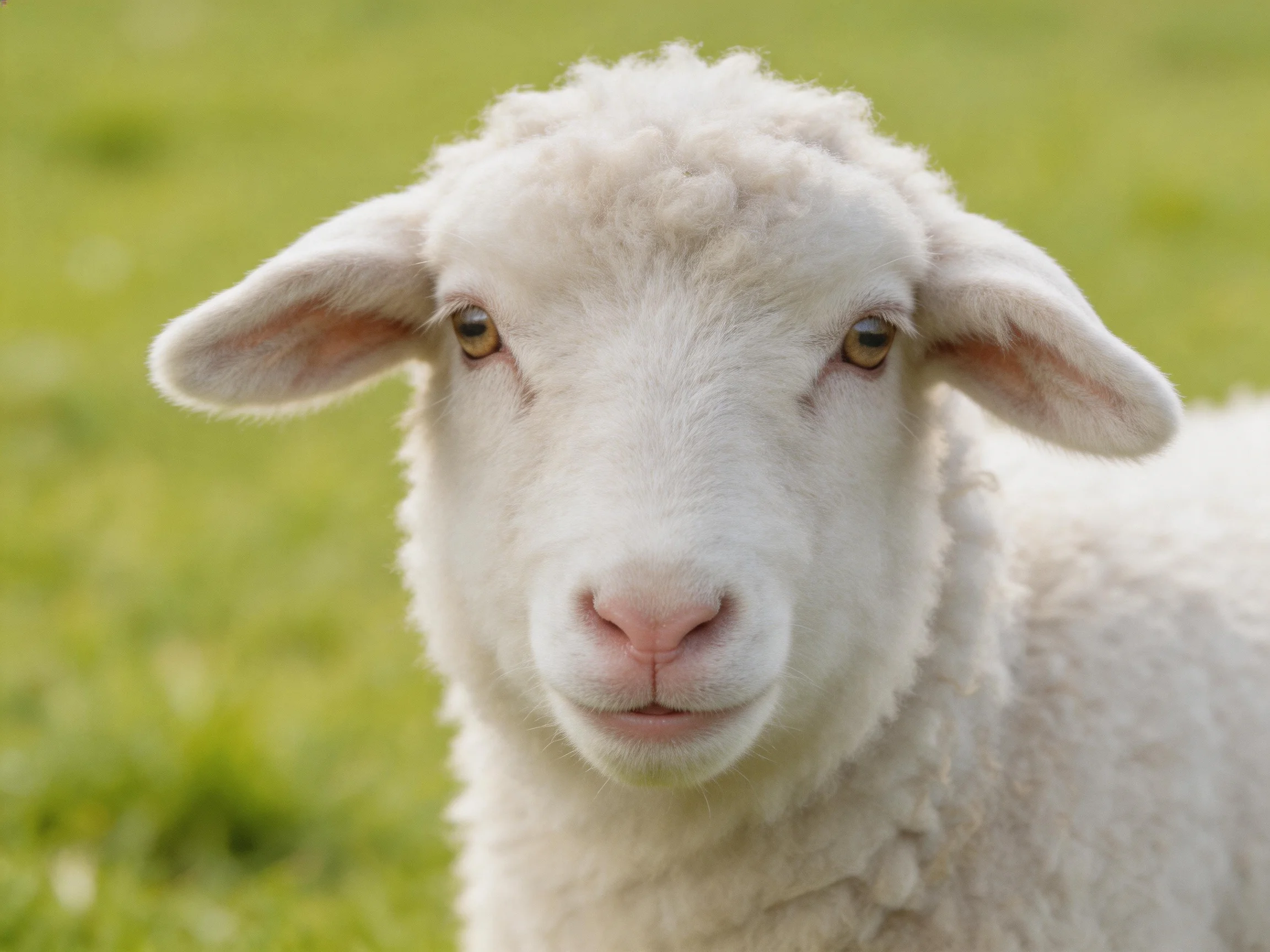 Close - up of a fluffy white lamb in a green meadow.