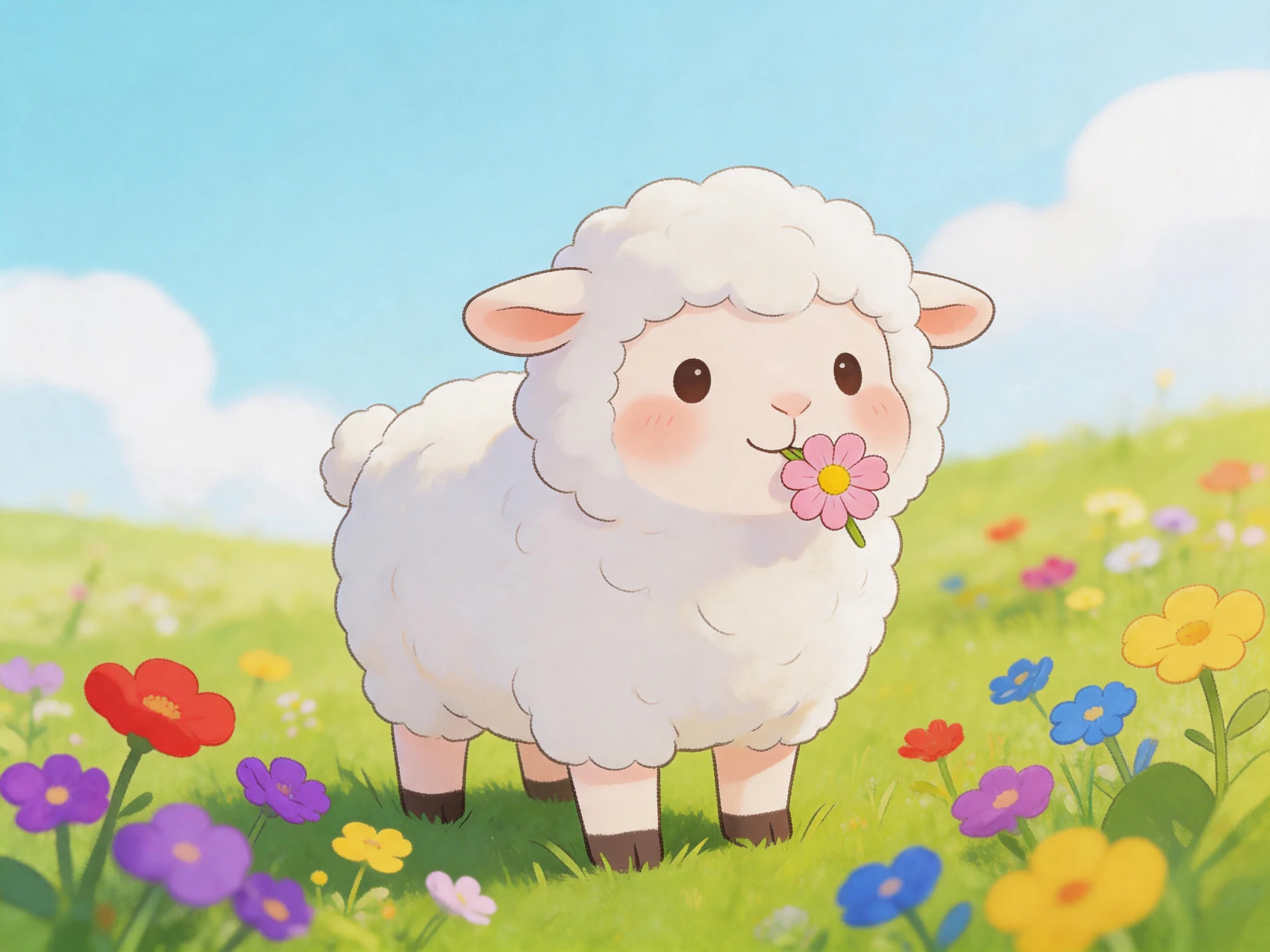 Fluffy white lamb with pink flower among colorful wildflowers