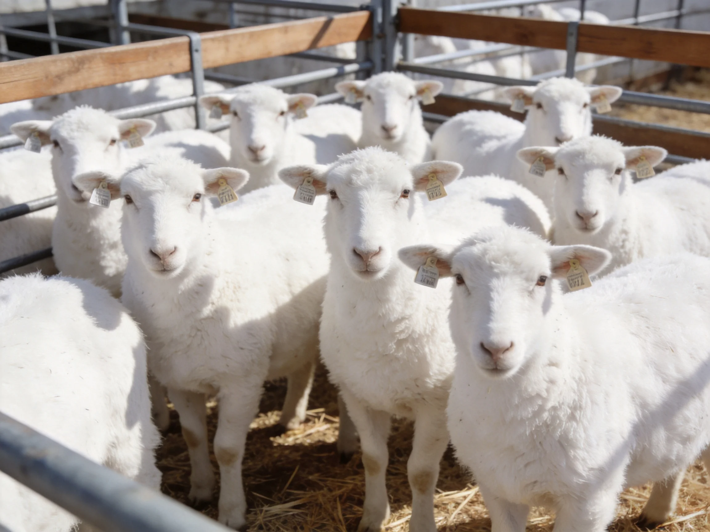 Fluffy white lambs gather closely together in a metal pen.