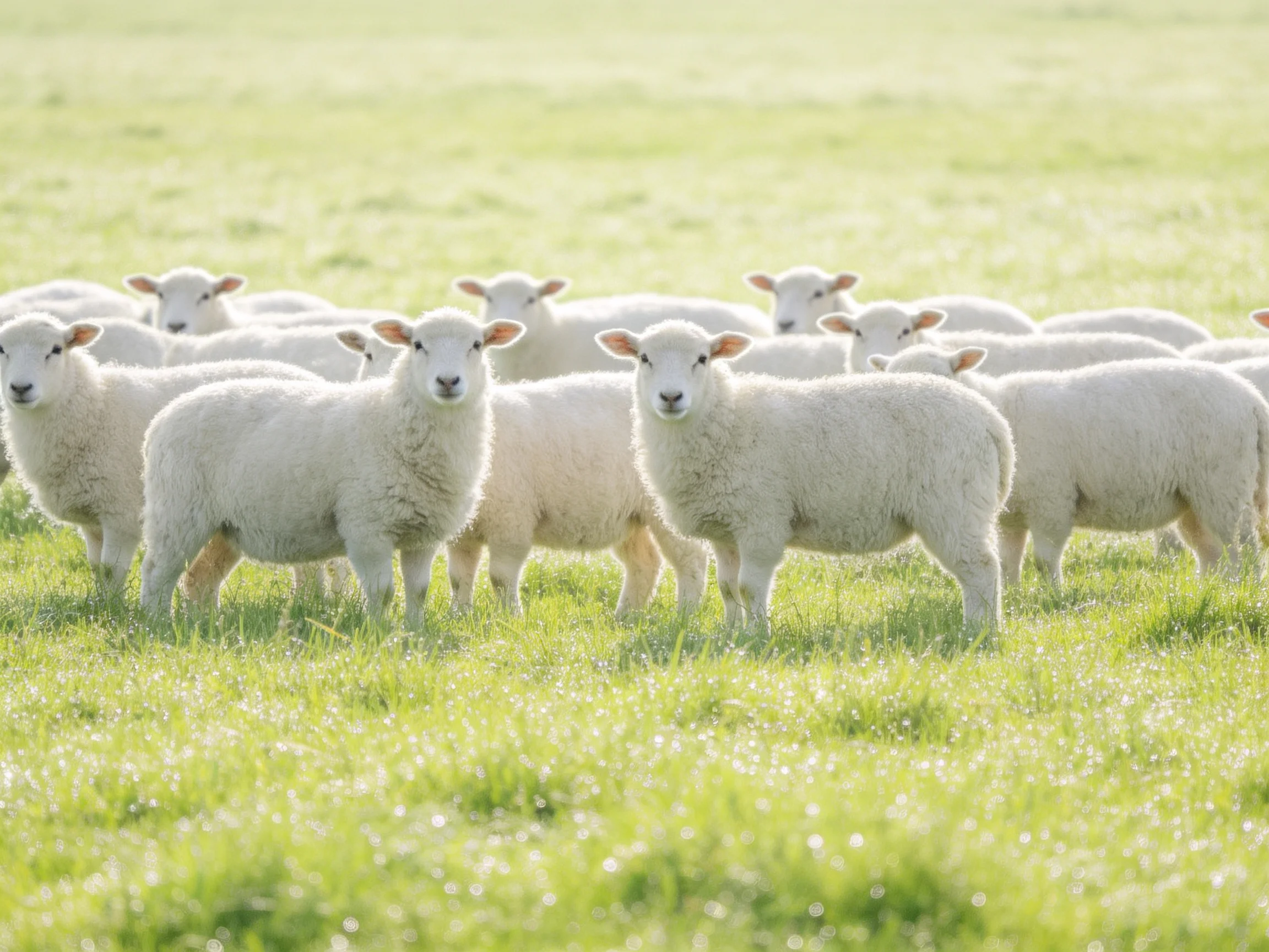 Fluffy white lambs clustered in a sun-drenched green meadow