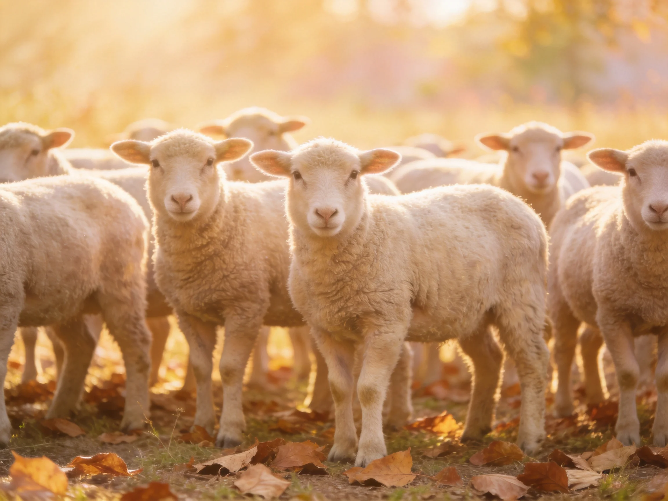 Fluffy white lambs gather in a sunlit autumn field with fallen leaves