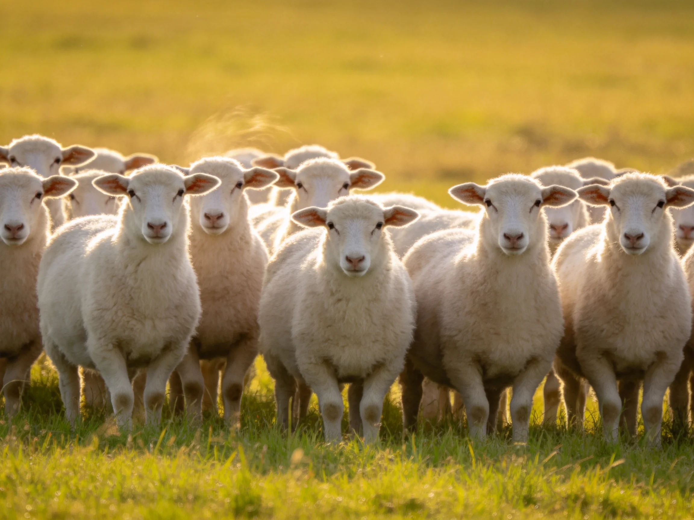 Fluffy white lambs gather in a sunlit green meadow
