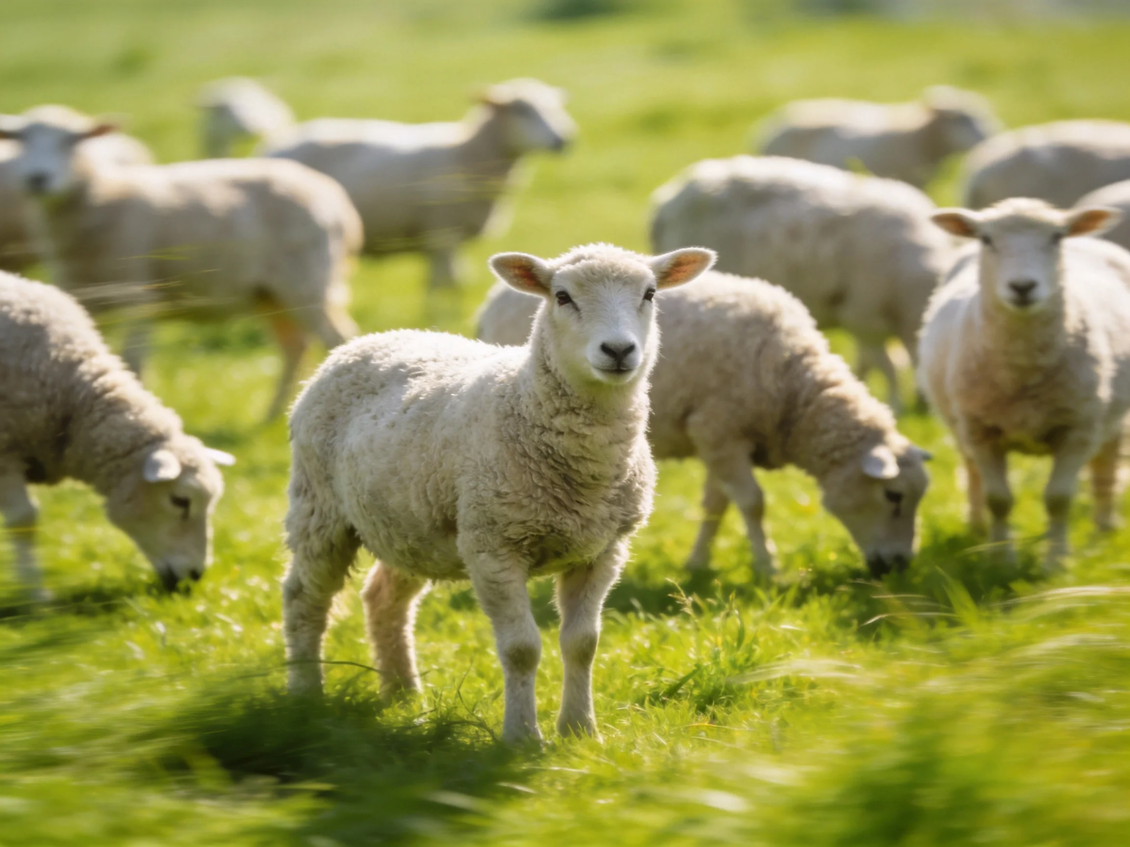 Fluffy white lambs grazing in a sunlit green pasture