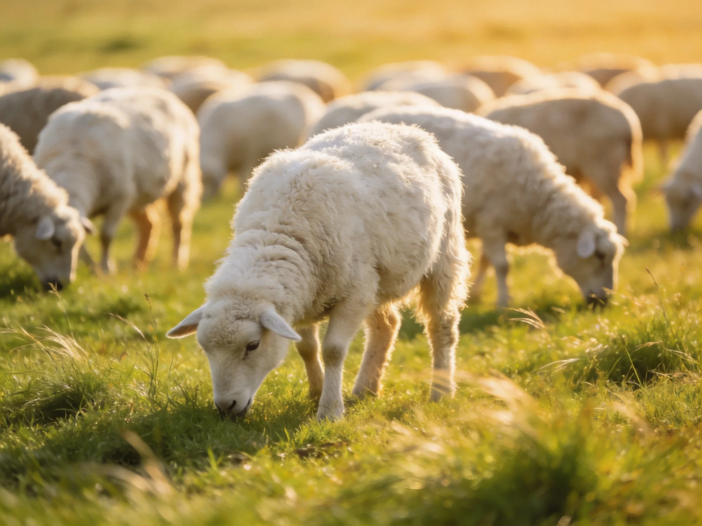 Fluffy white lambs grazing in sunlit green pasture