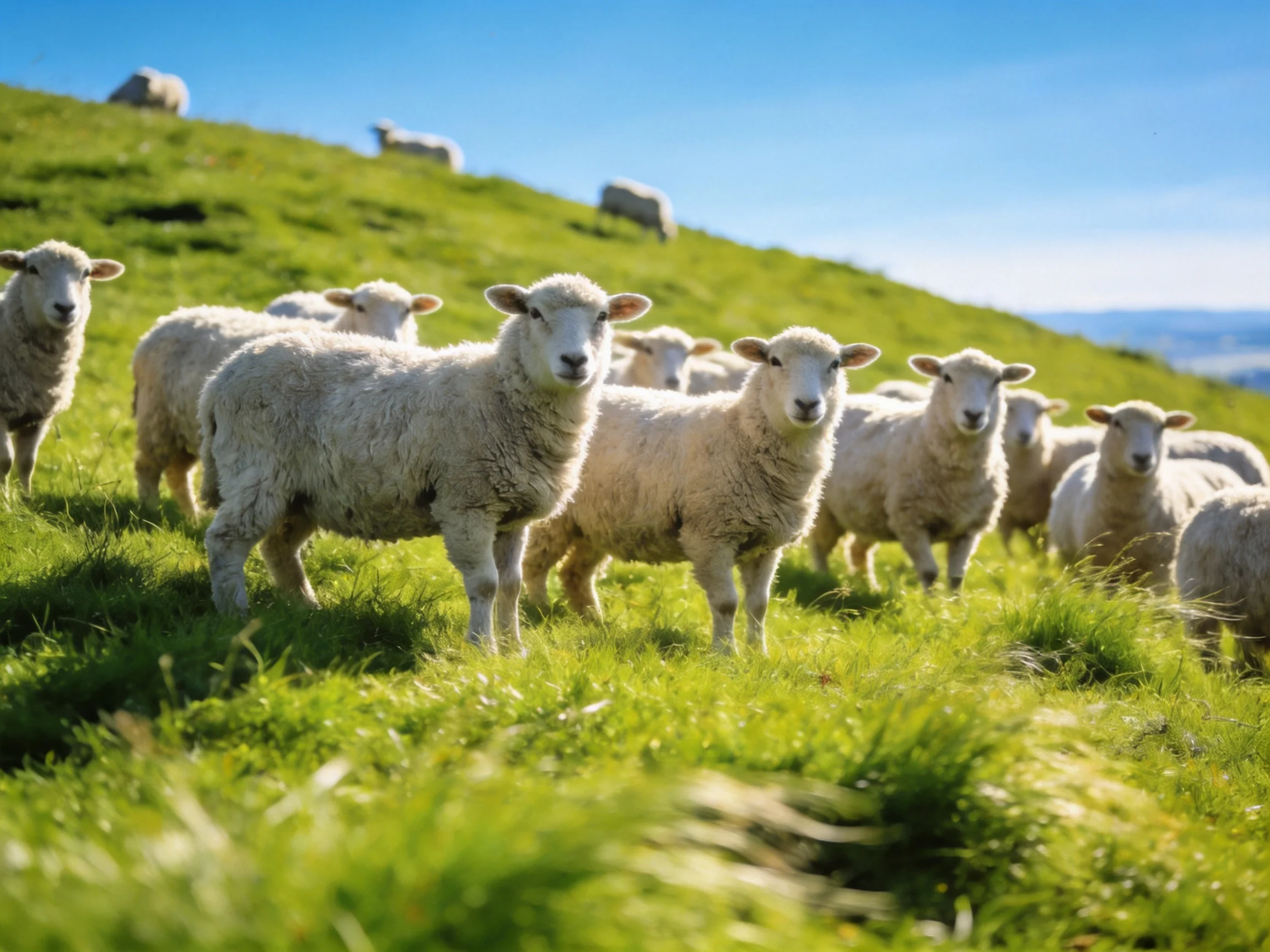 Fluffy white lambs grazing on a lush green hillside