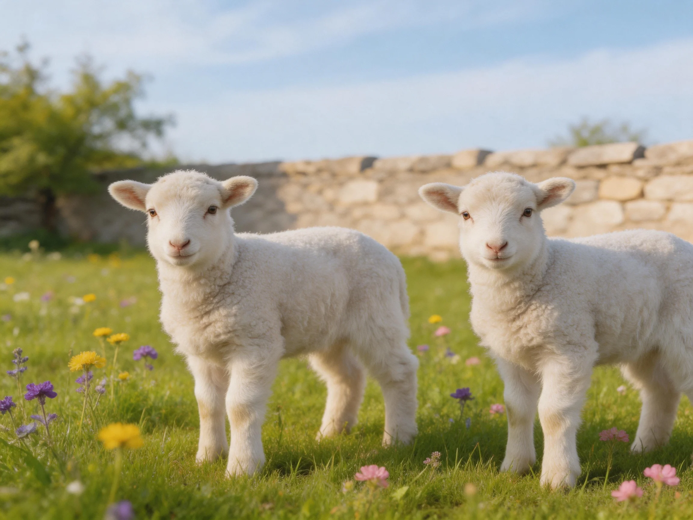 Fluffy white lambs in a flowered meadow