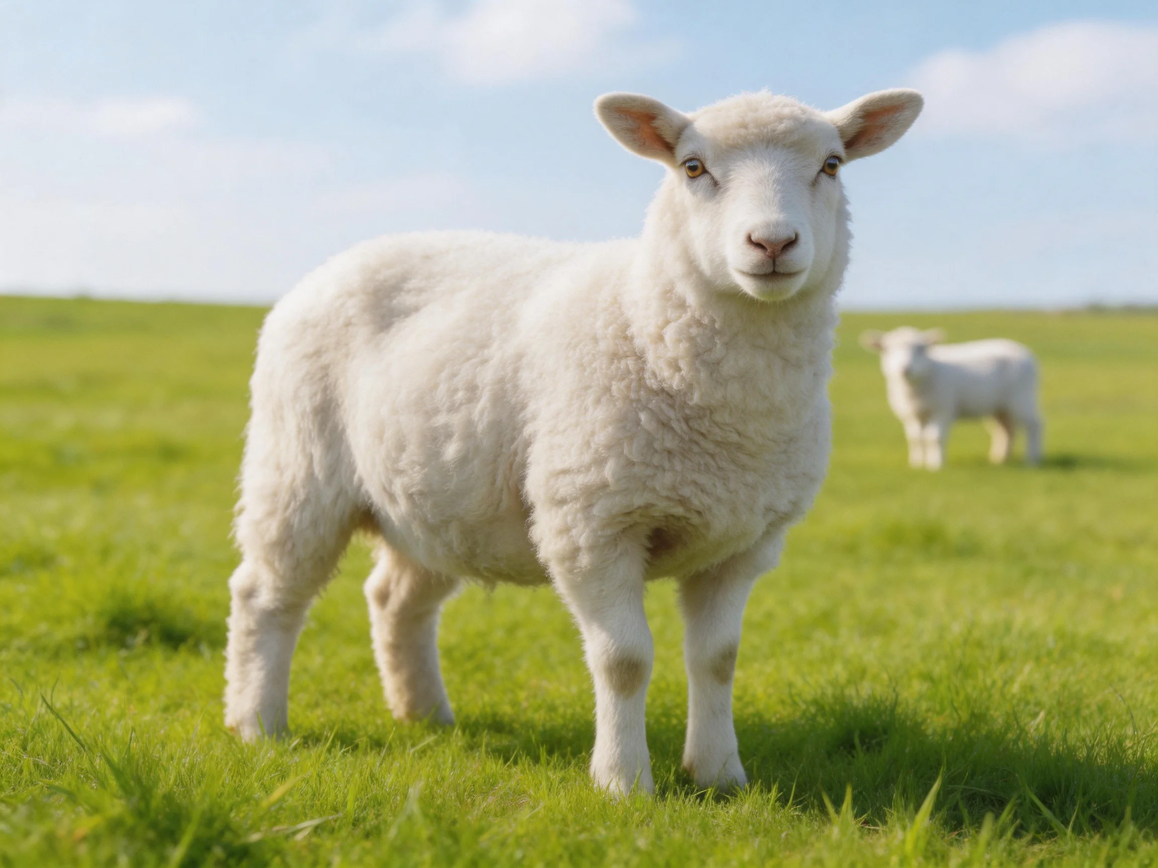 Fluffy white lambs in a lush green meadow under clear blue sky