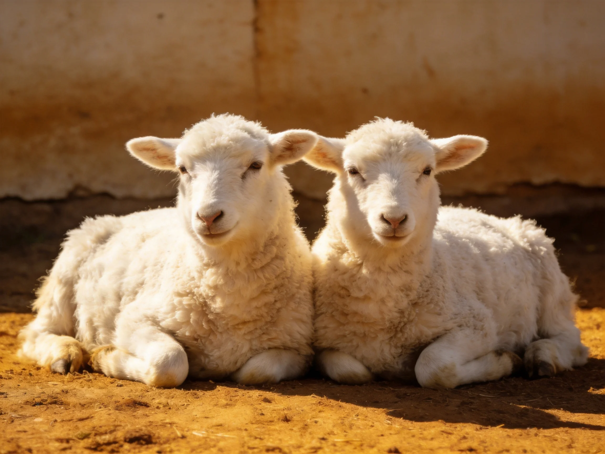 Fluffy white lambs resting by a beige wall