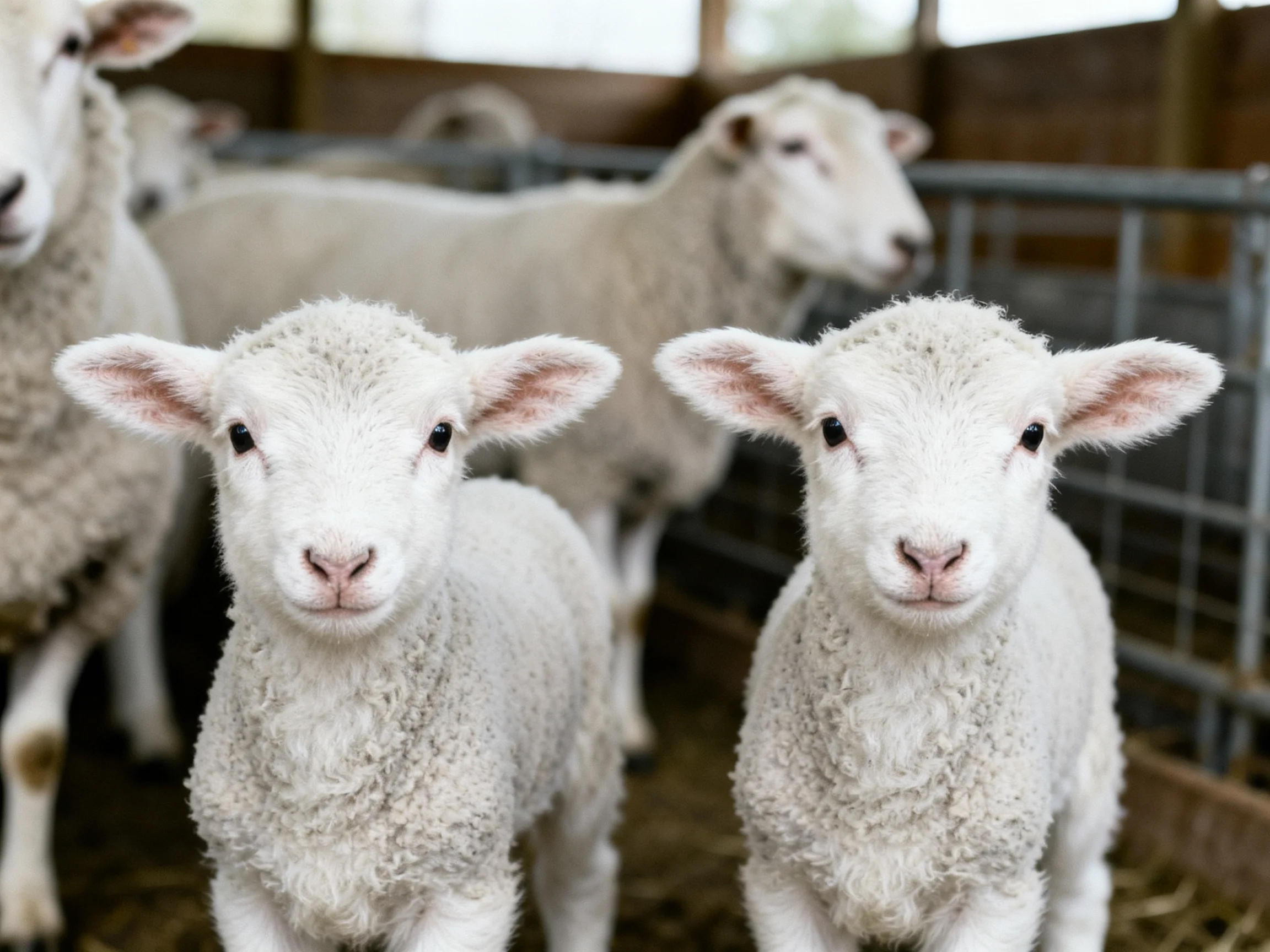 Fluffy white lambs with adult sheep in a barn enclosure