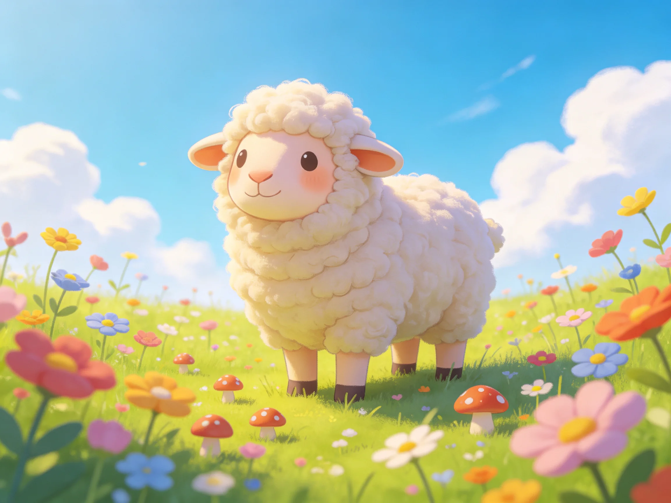 Fluffy white sheep among colorful wildflowers, mushrooms, sunny blue sky