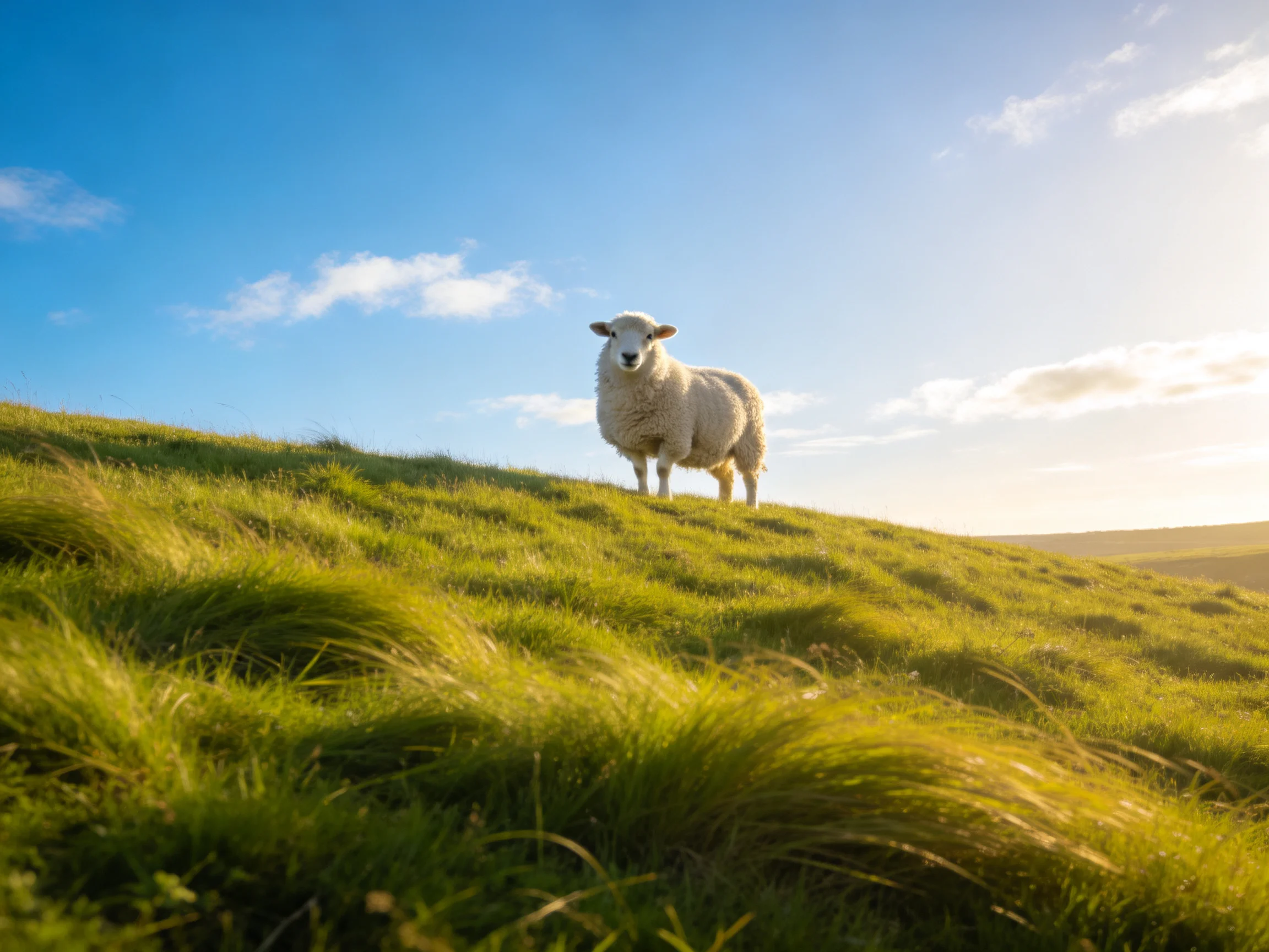 Fluffy white sheep atop lush green hill under bright blue sky