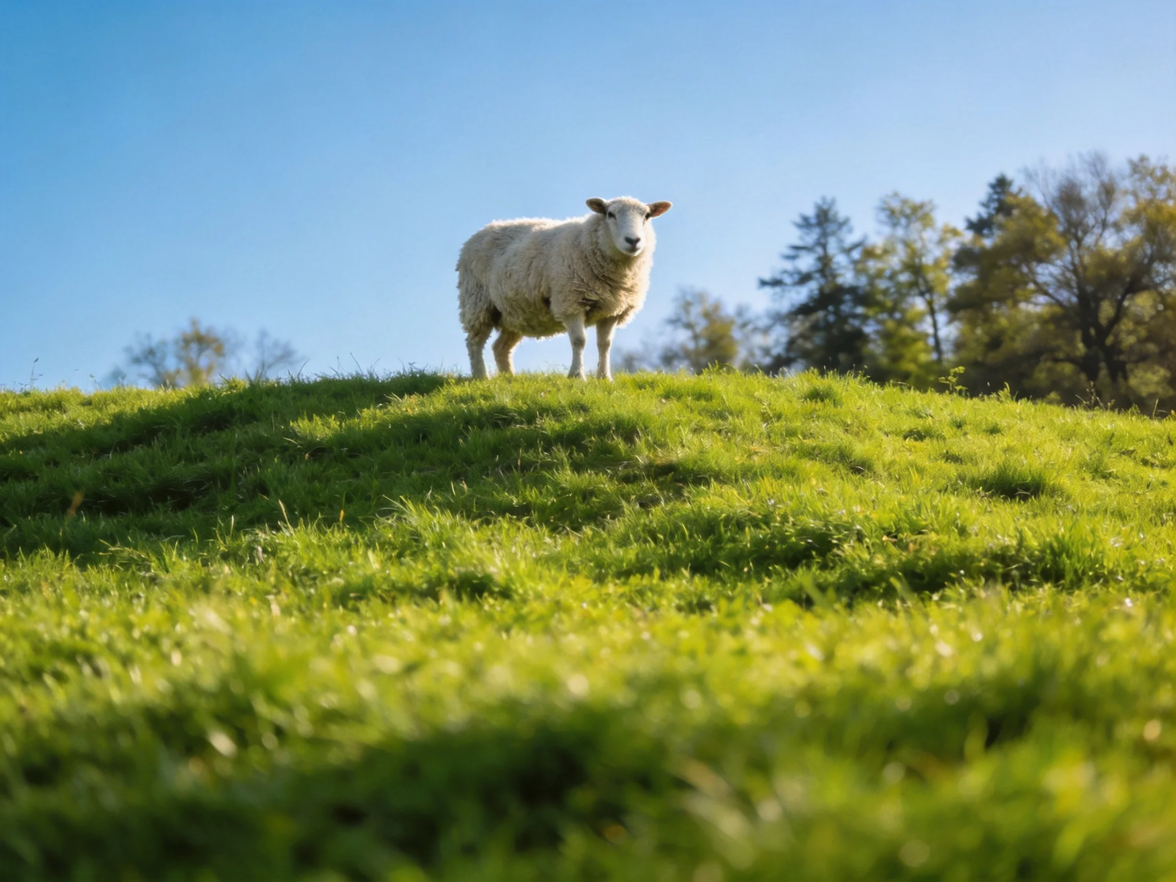 A sheep stands on a grassy hill with trees and a clear blue sky.