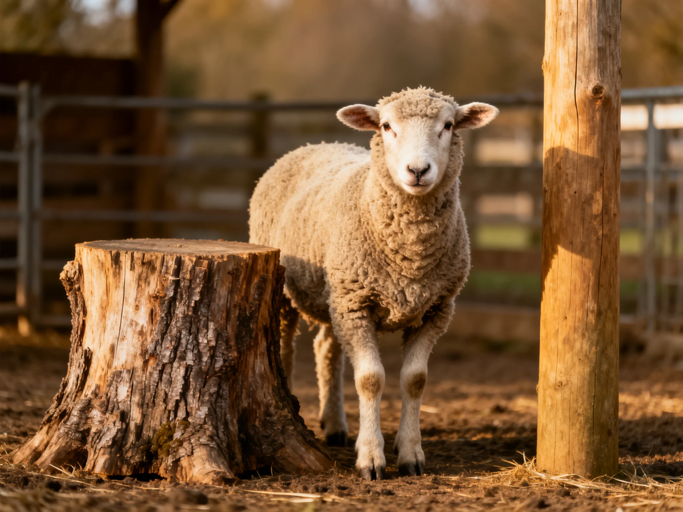 Fluffy white sheep beside tree stump and wooden post in fenced enclosure