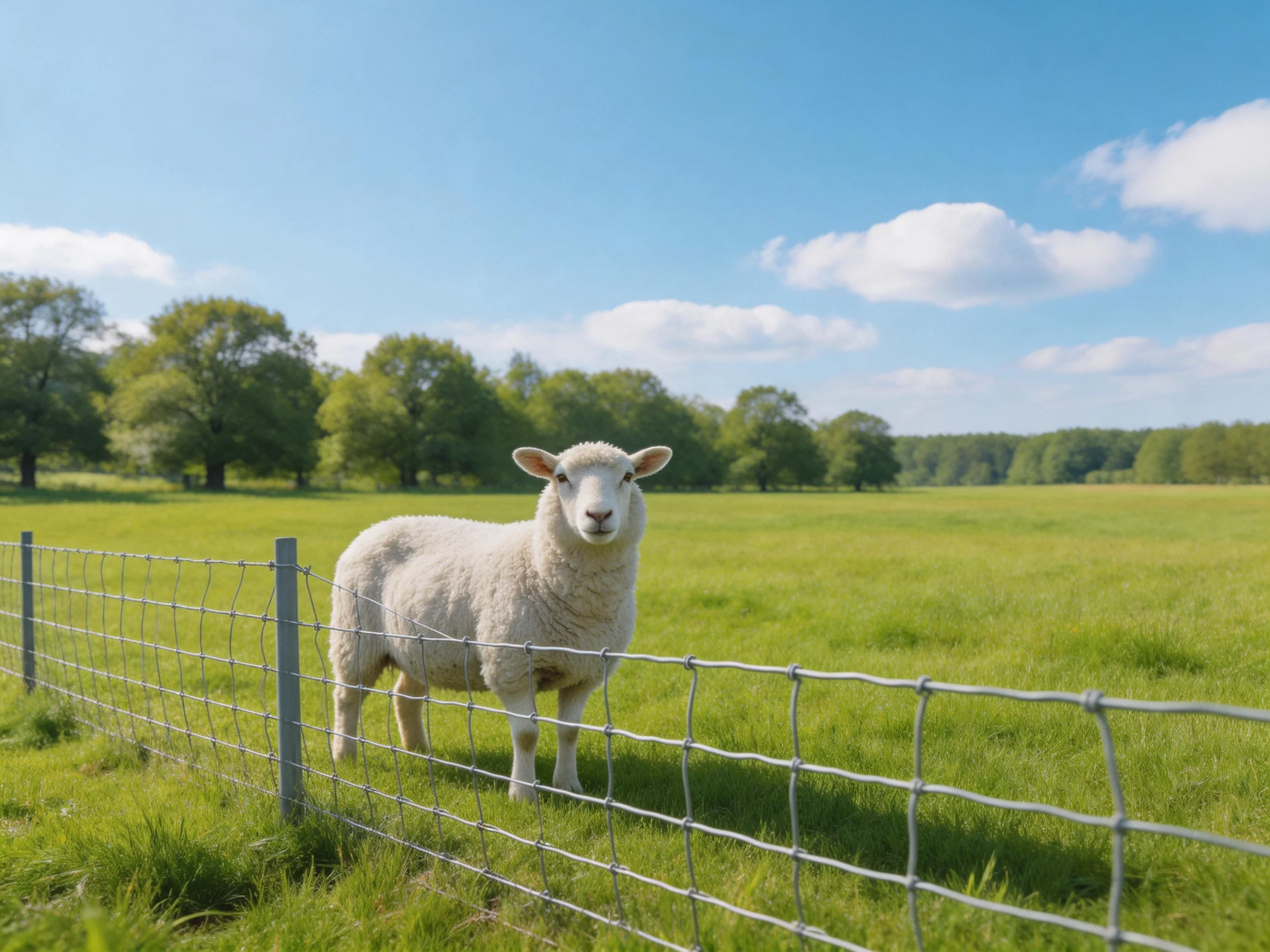 Fluffy white sheep by wire fence in sunny green meadow