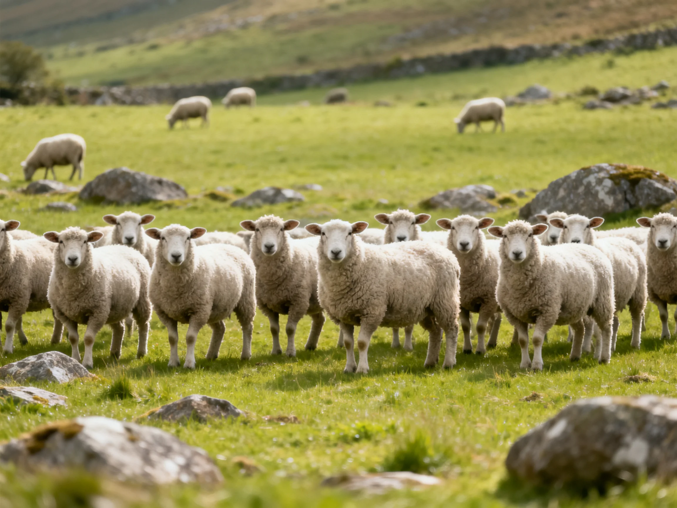 Fluffy white sheep cluster near large gray rocks in a green pasture