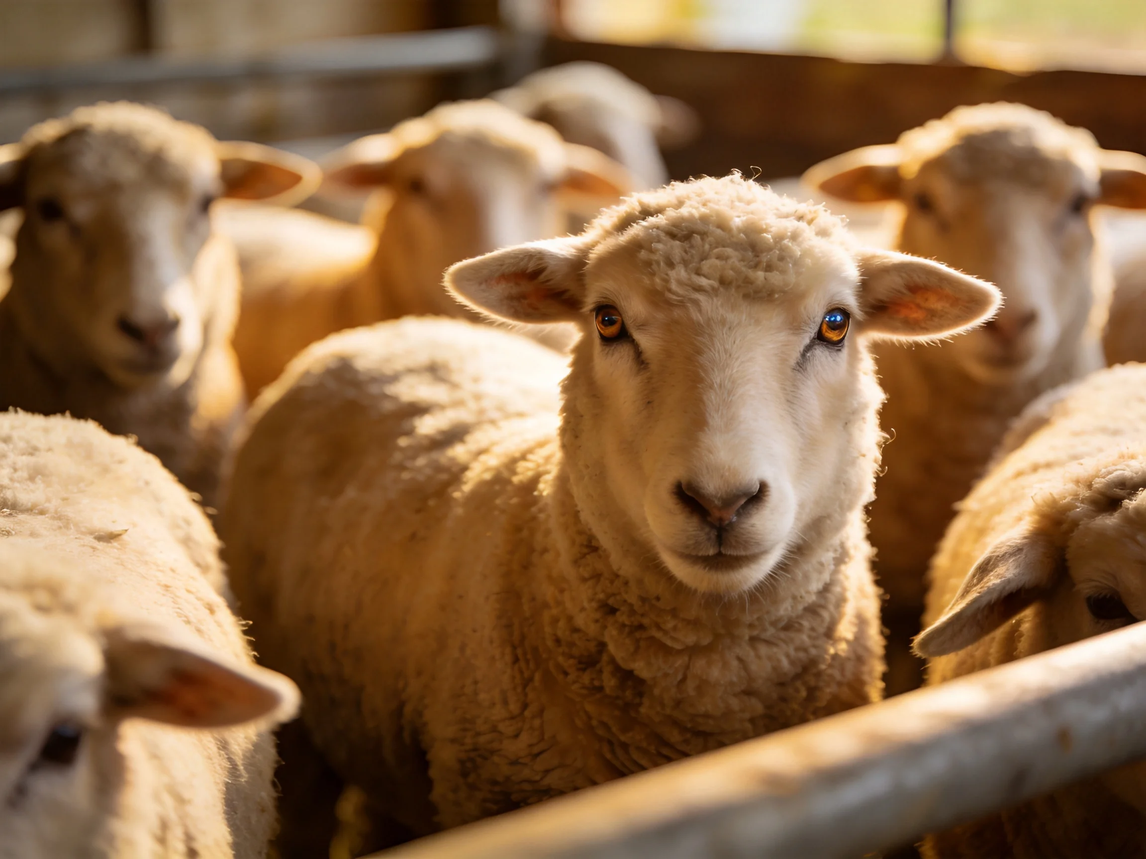 Fluffy white sheep clustered in a sunlit pen