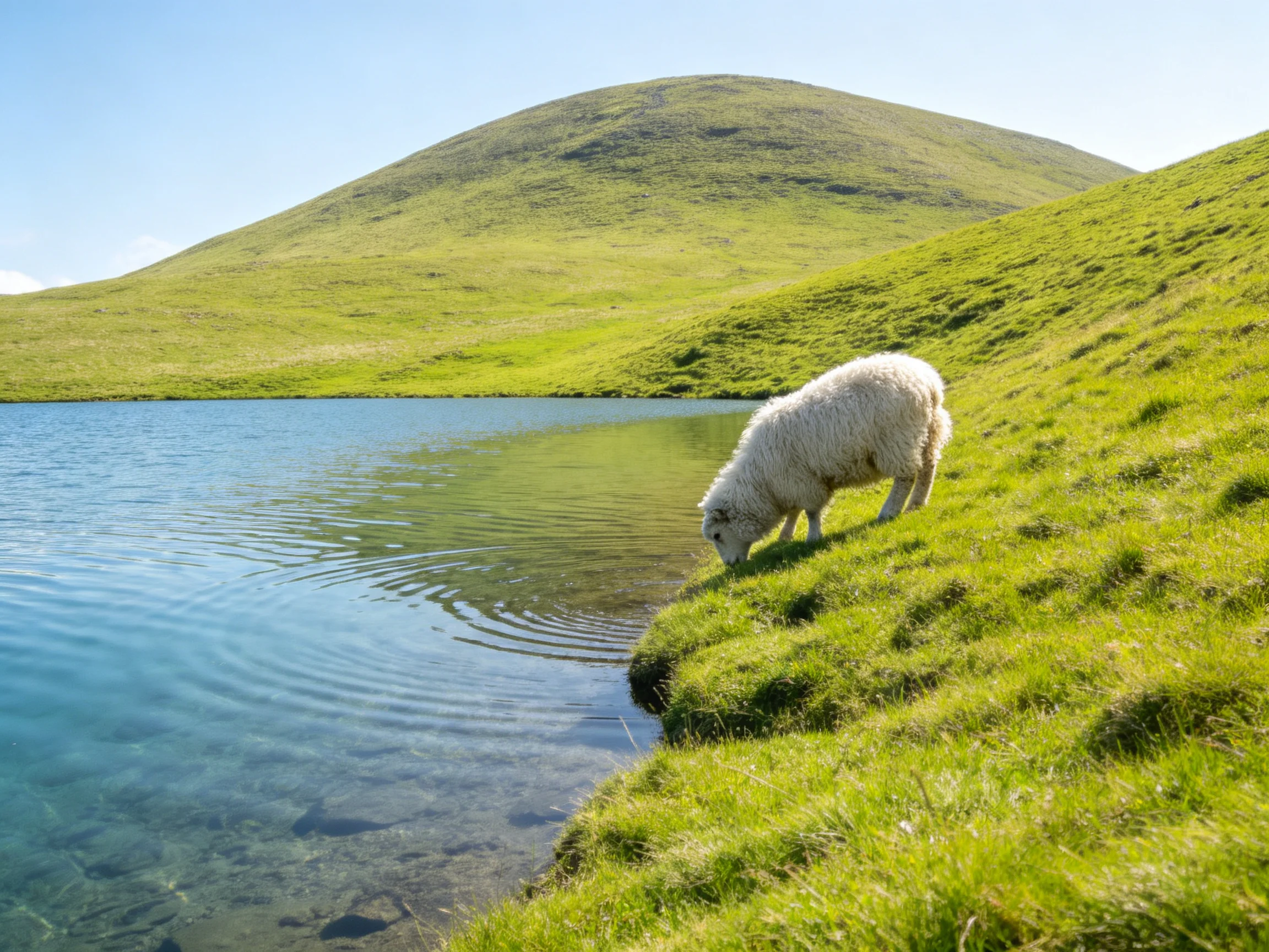 Fluffy white sheep drinks by clear blue lake near green hills