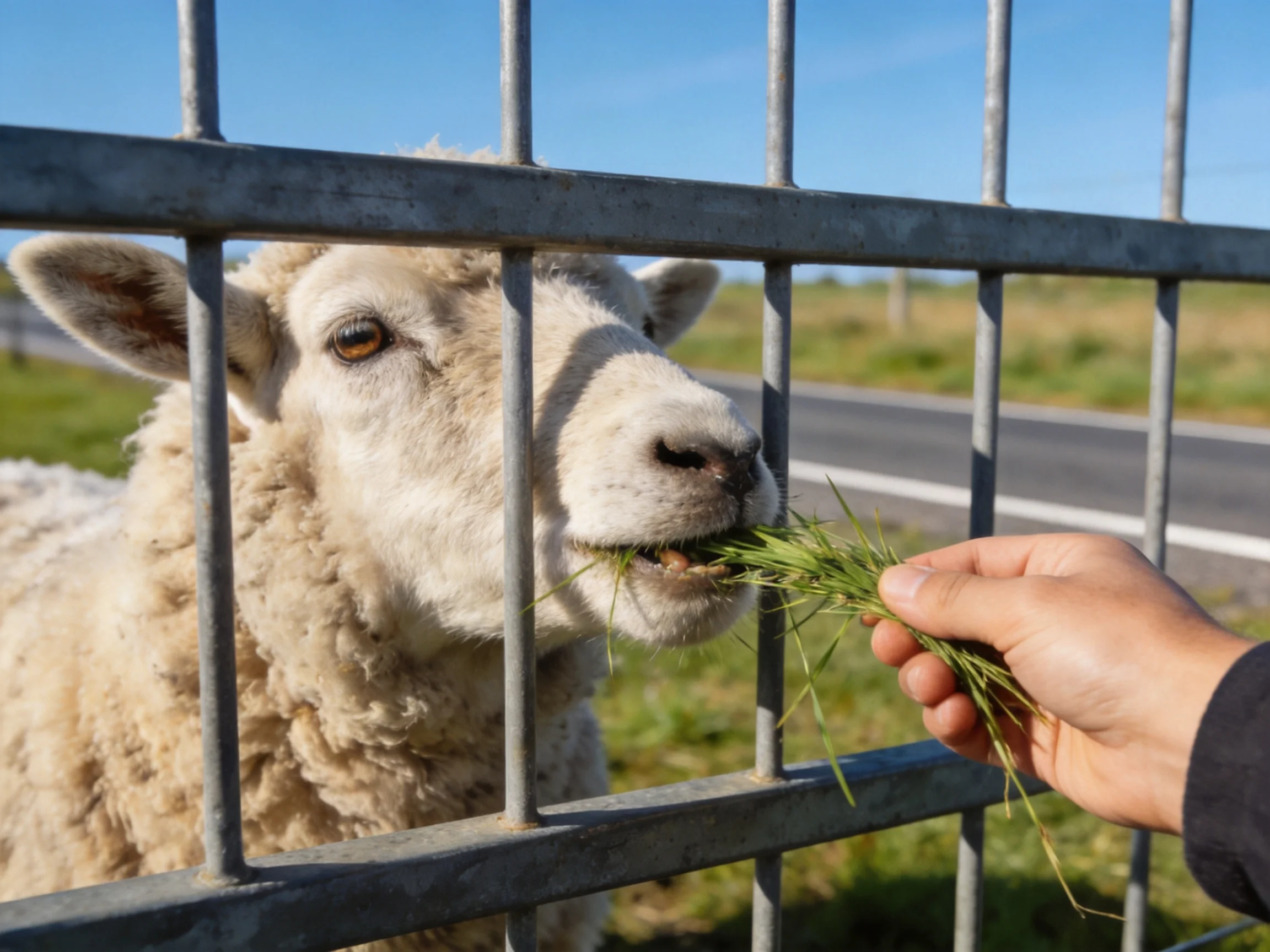 Fluffy white sheep eating grass through metal fence