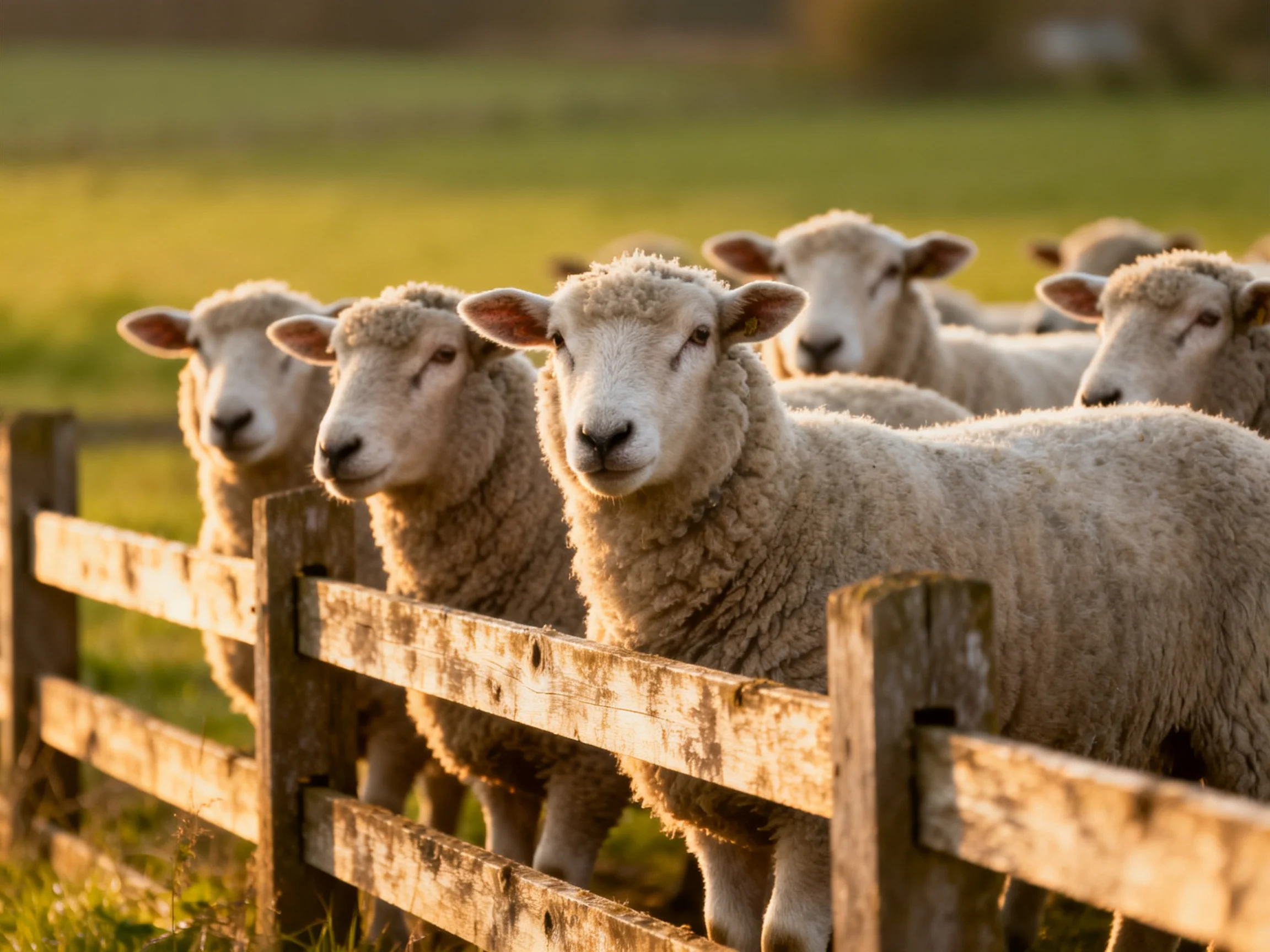 Fluffy white sheep gather behind a weathered wooden fence in golden light