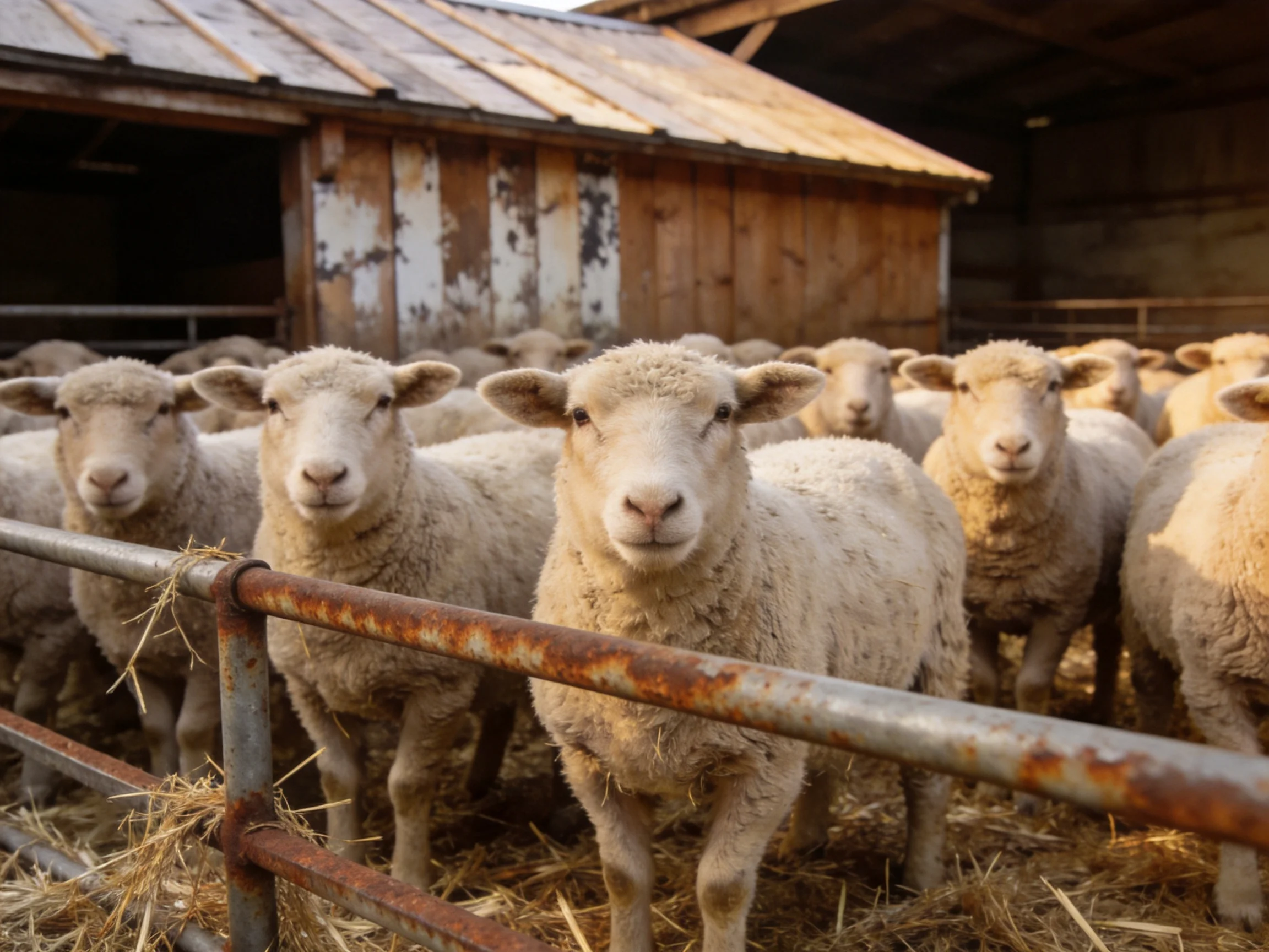 Fluffy white sheep gather near a rusty metal fence