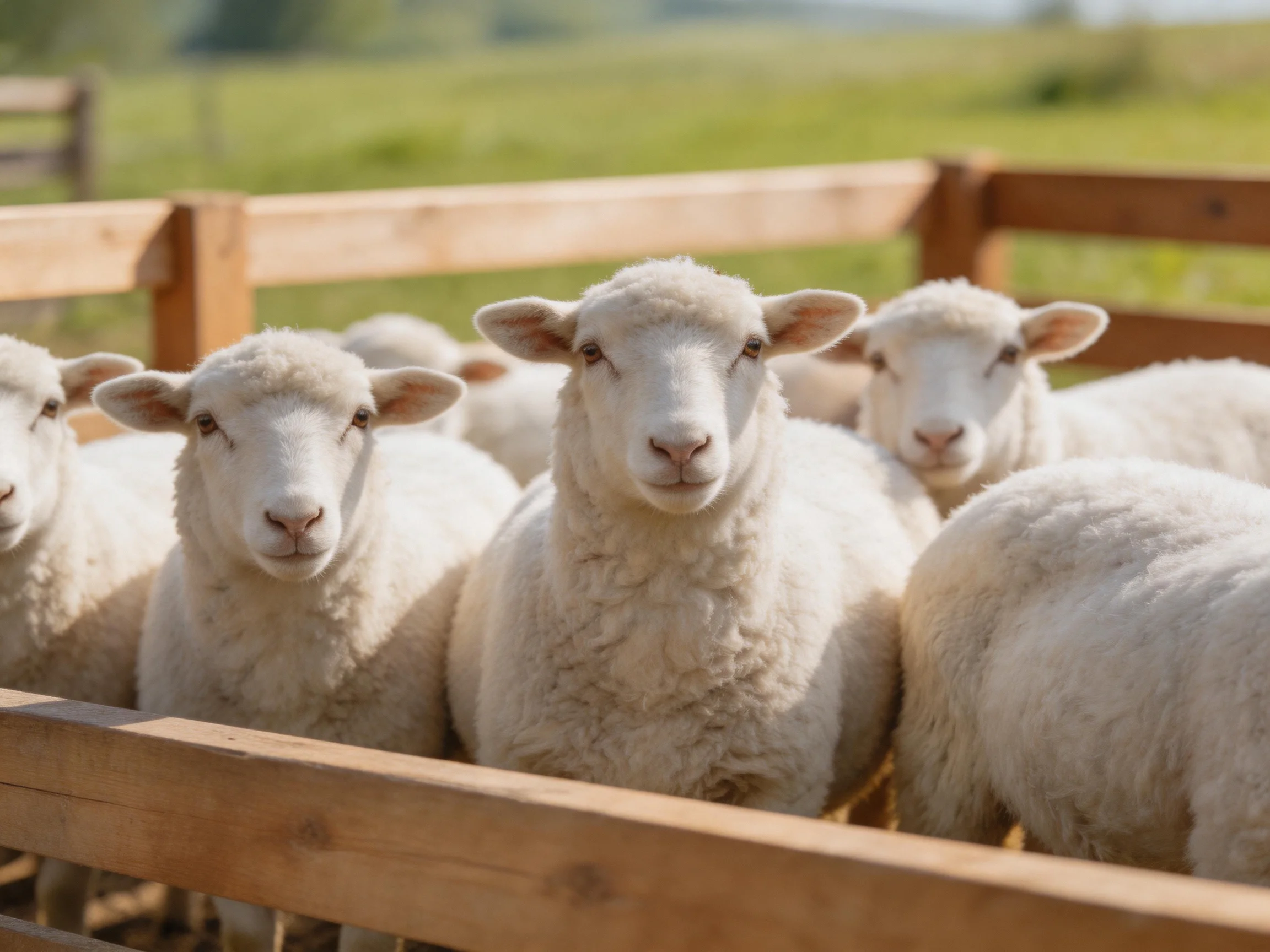 Fluffy white sheep gathered in a wooden enclosure near a green pasture