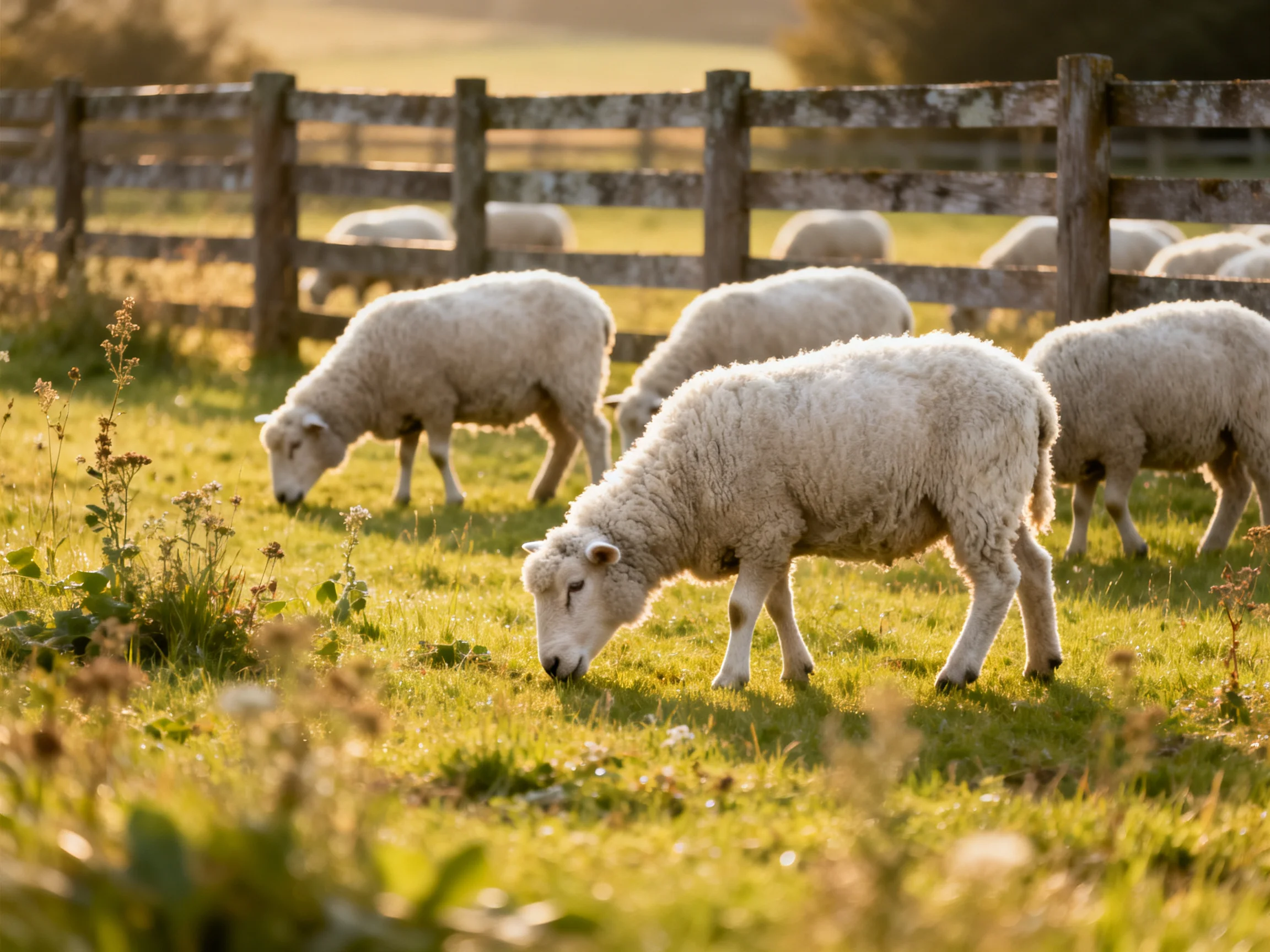 Fluffy white sheep graze in a sunlit fenced meadow