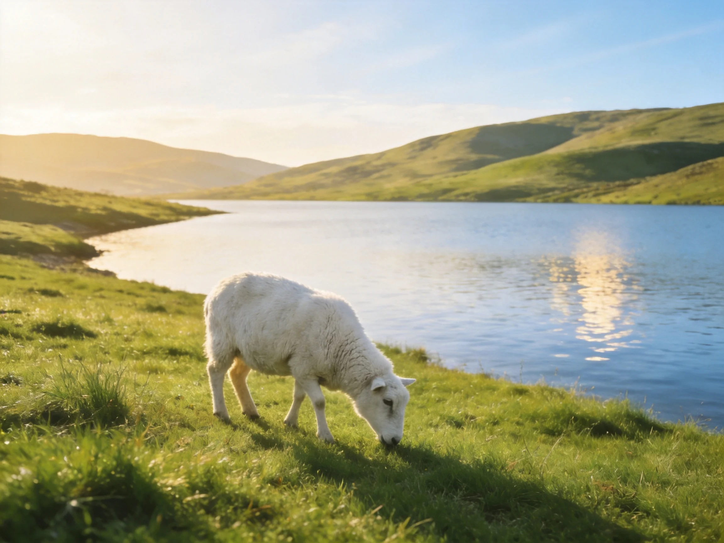 Fluffy white sheep grazing by calm blue lake with green hills