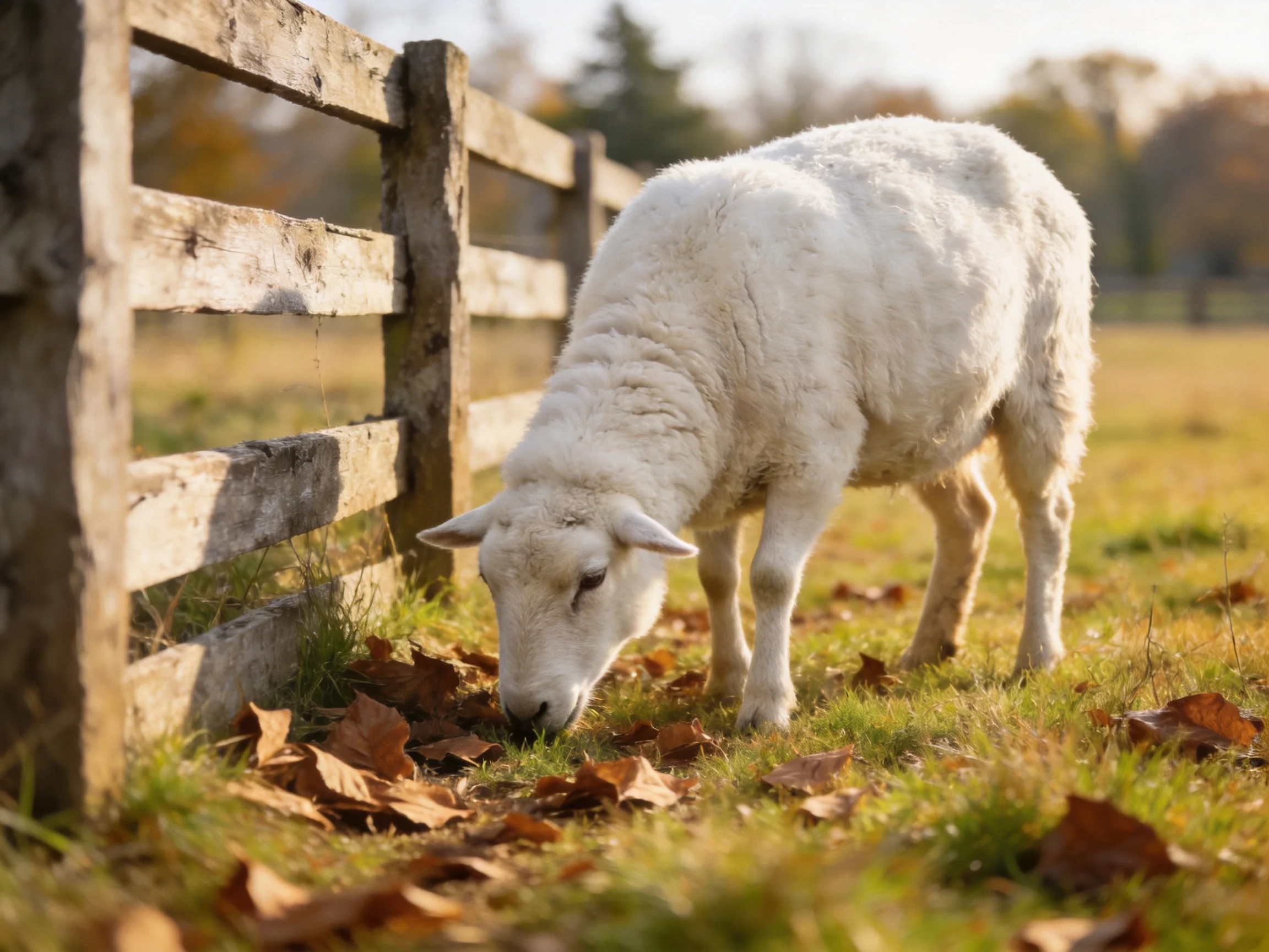 Fluffy white sheep grazing by weathered wooden fence amid fall foliage
