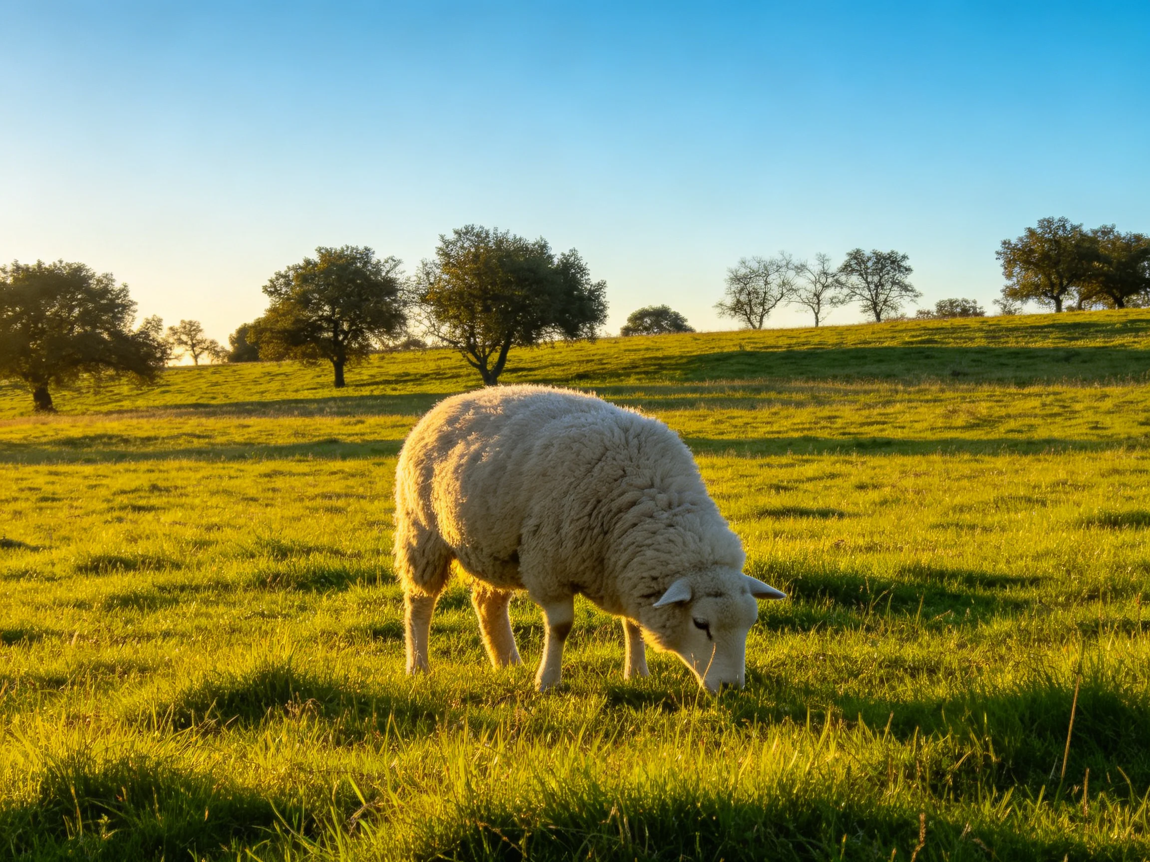 Fluffy white sheep grazing in a golden-lit green meadow with scattered trees