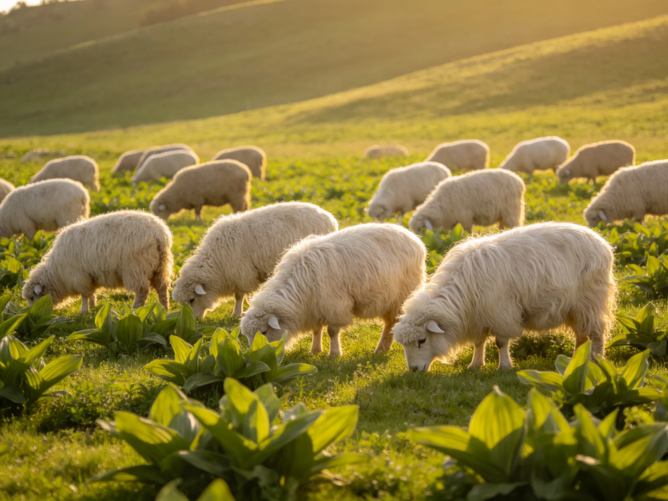 Fluffy white sheep grazing in a sunlit green meadow