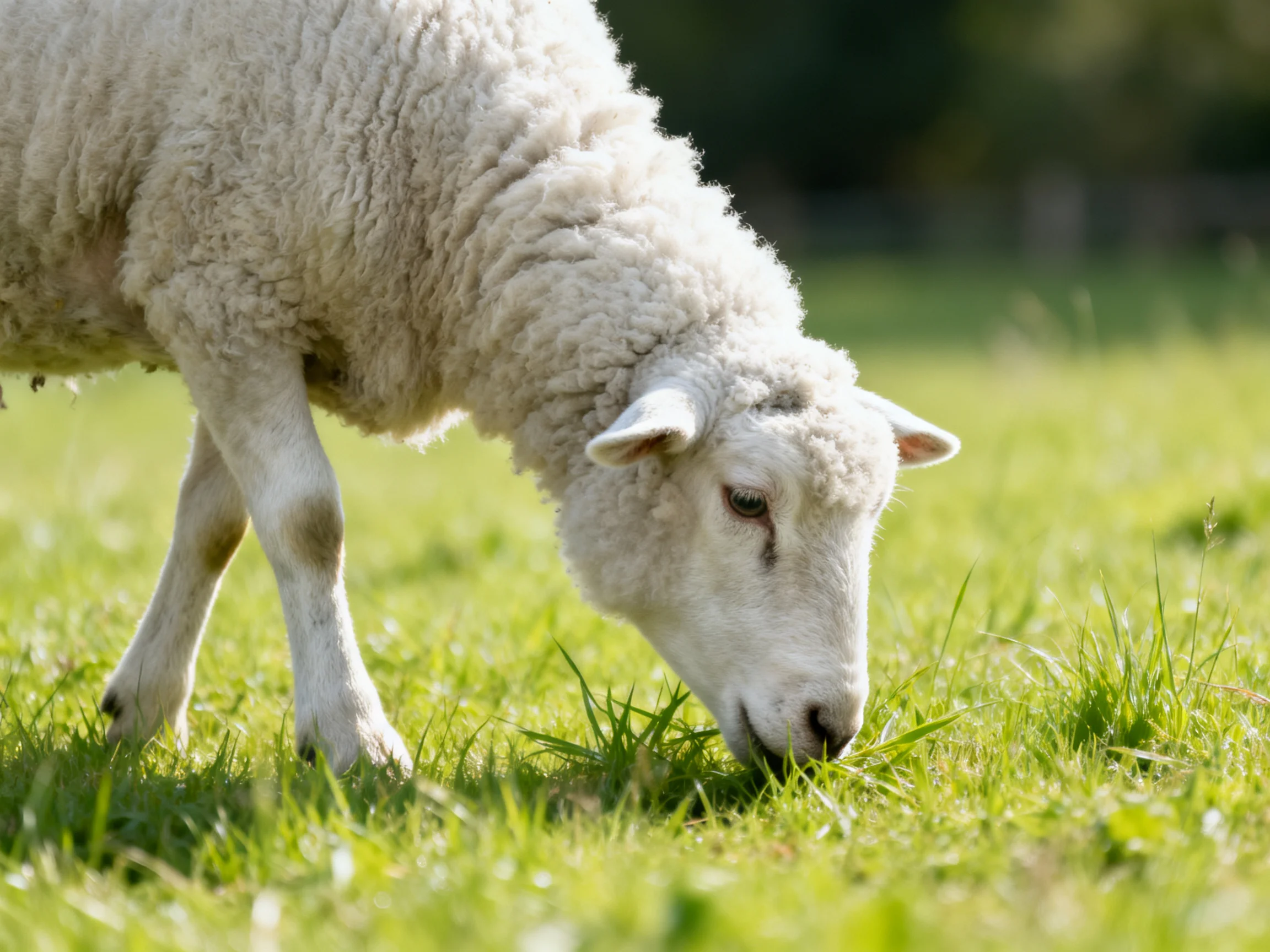 Fluffy white sheep grazing in sunlit green pasture