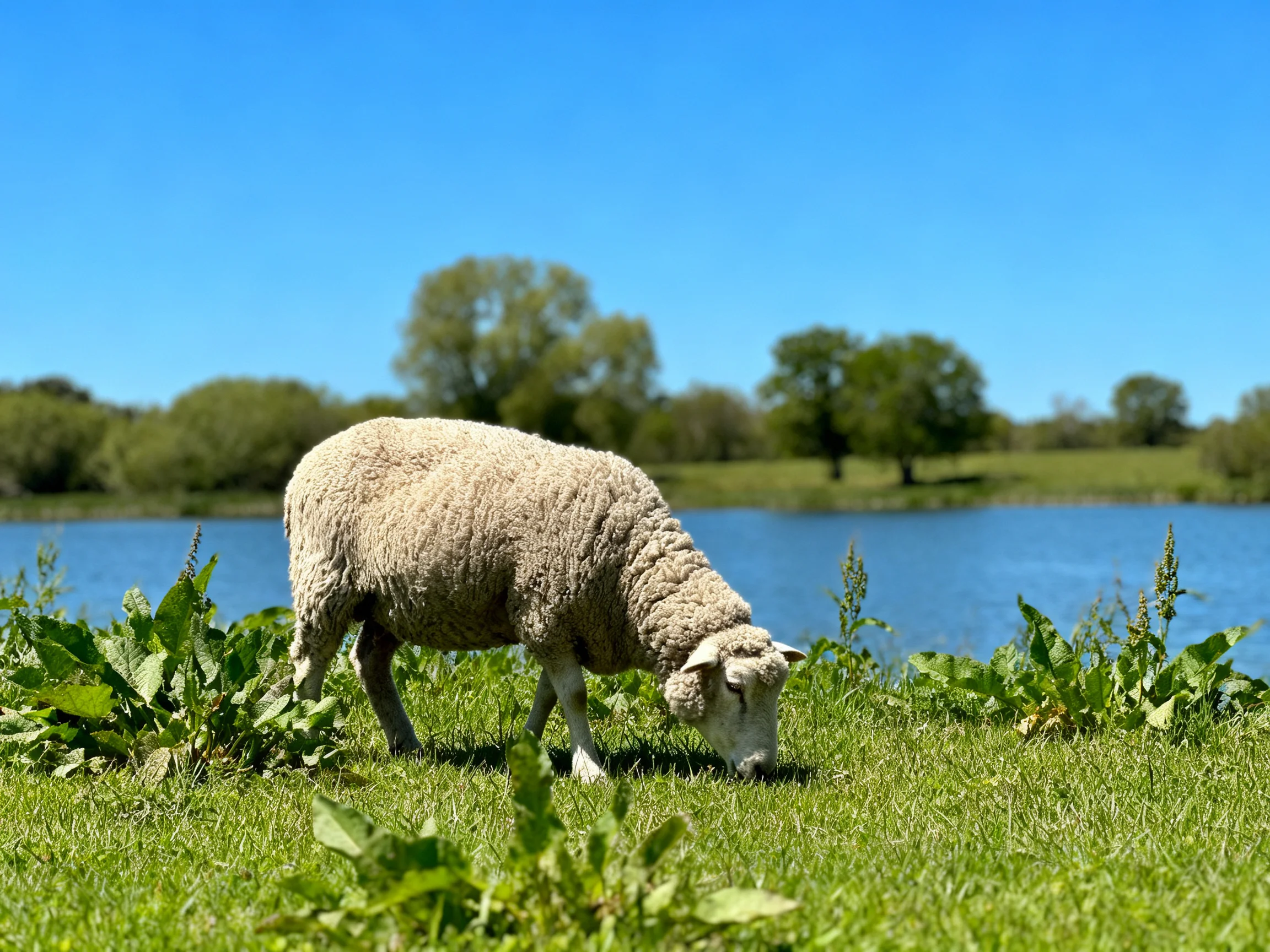 Fluffy white sheep grazing near a calm blue lake