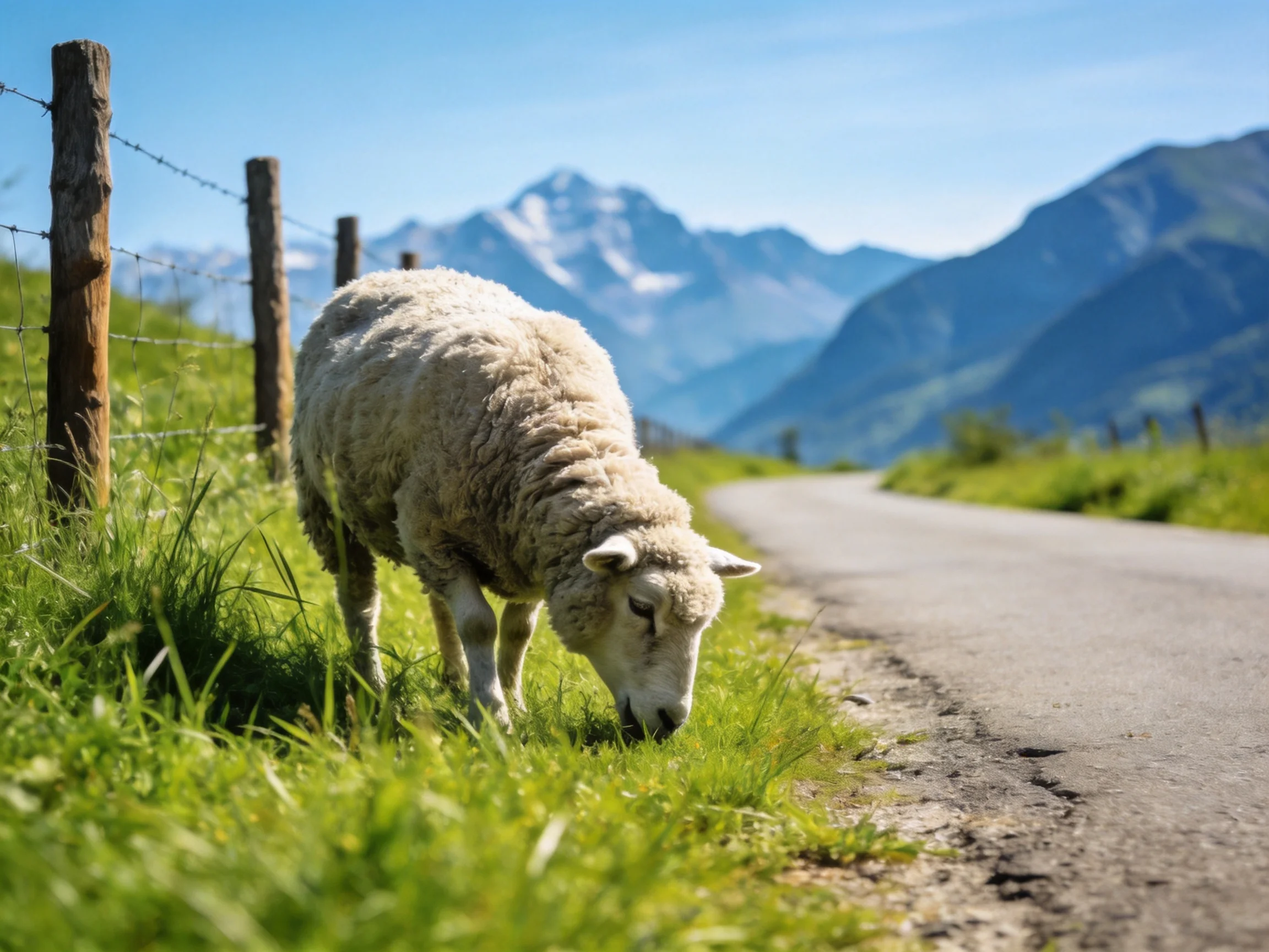 Fluffy white sheep grazing near a winding road with mountain backdrop