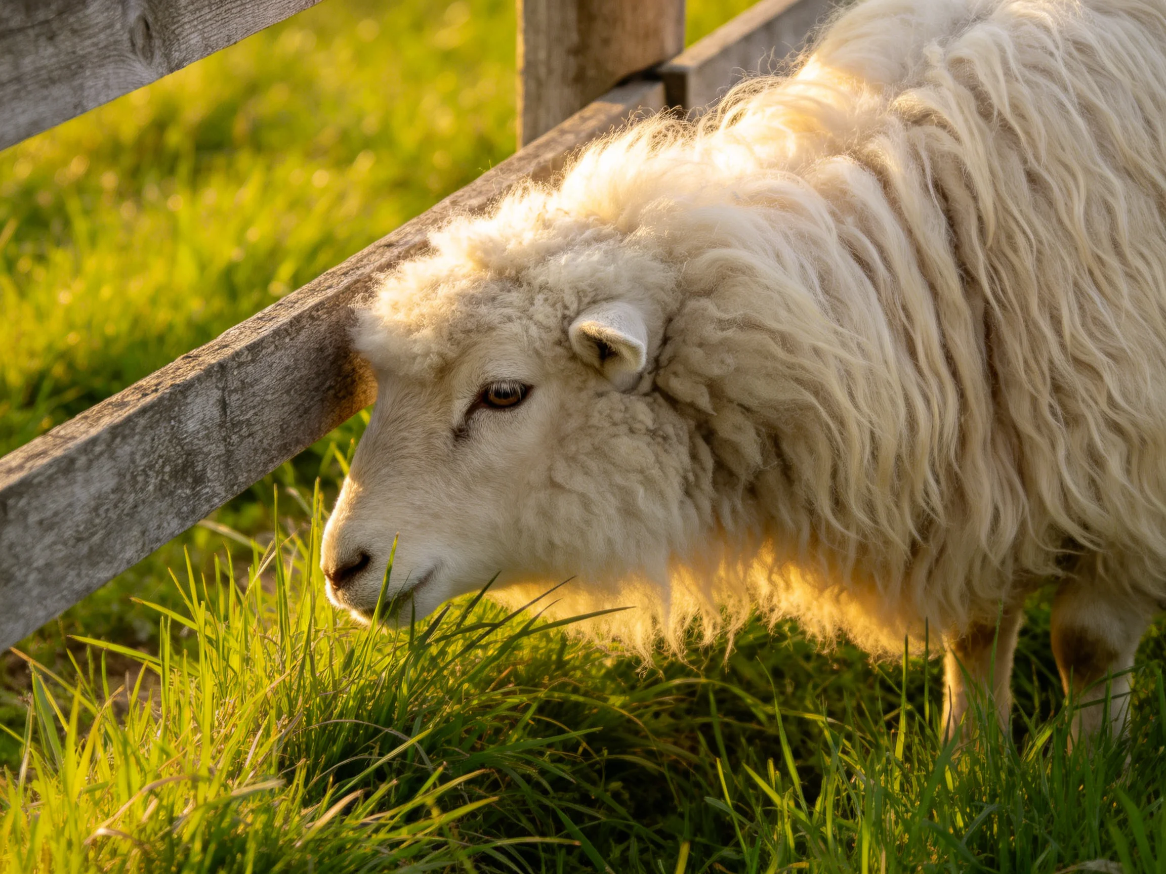 Fluffy white sheep grazing near weathered wooden fence