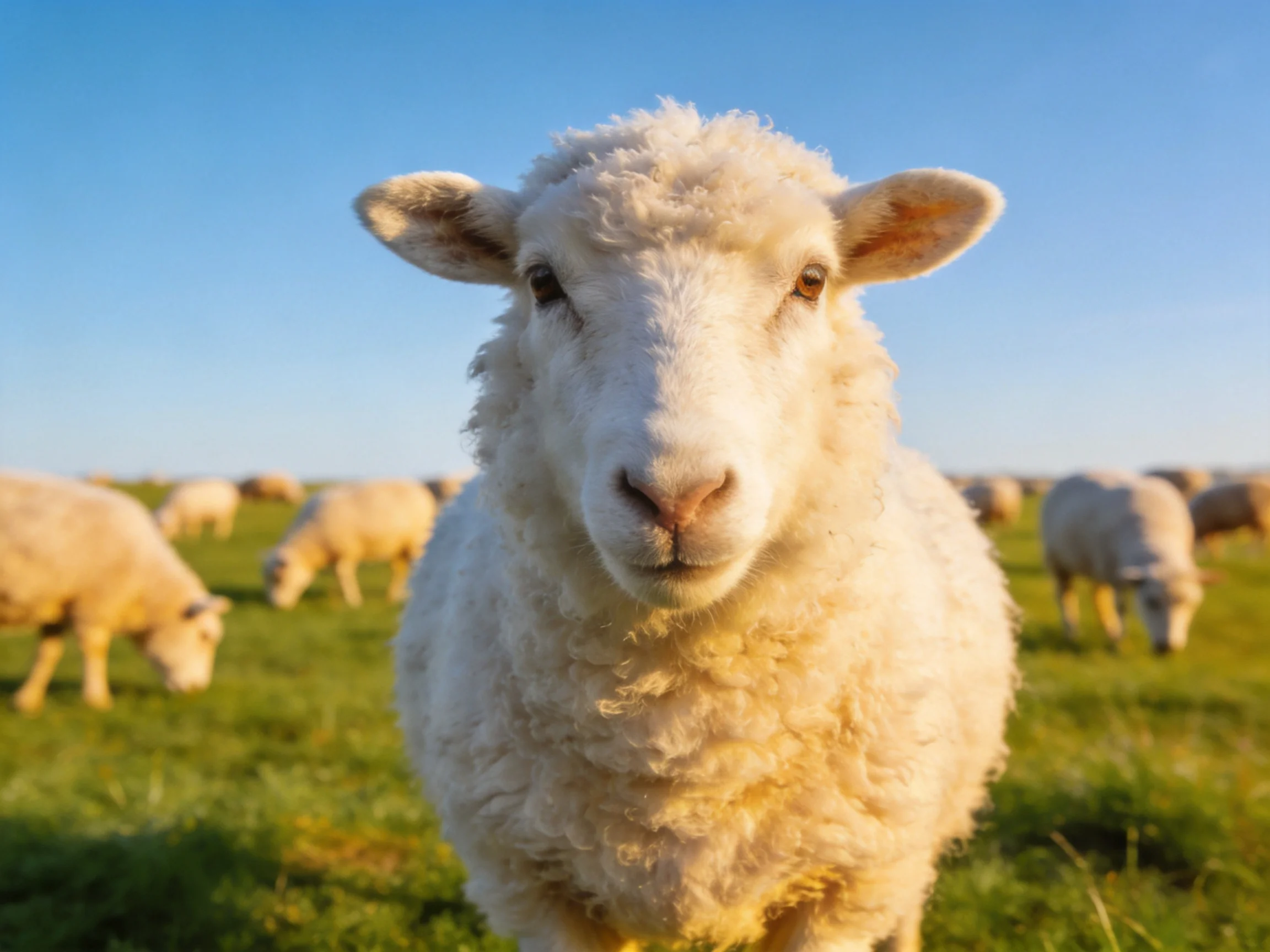 A close - up of a fluffy white sheep in a sunny pasture with other sheep grazing.