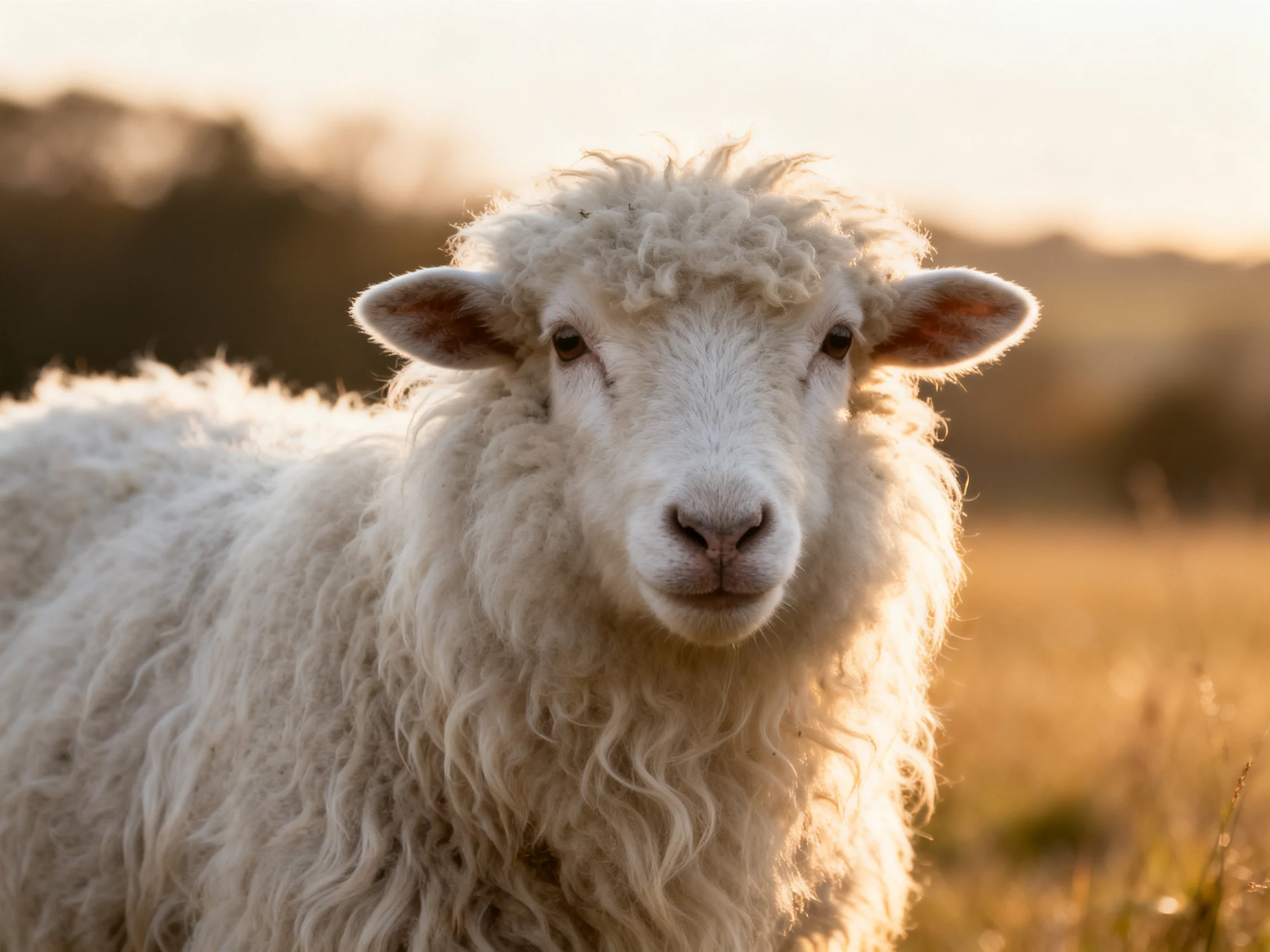Fluffy white sheep in a golden field at sunset