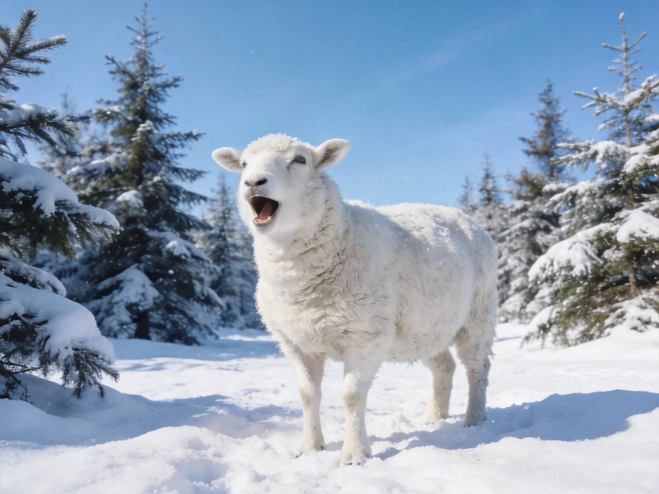 Fluffy white sheep in a snowy forest with snow-draped pines