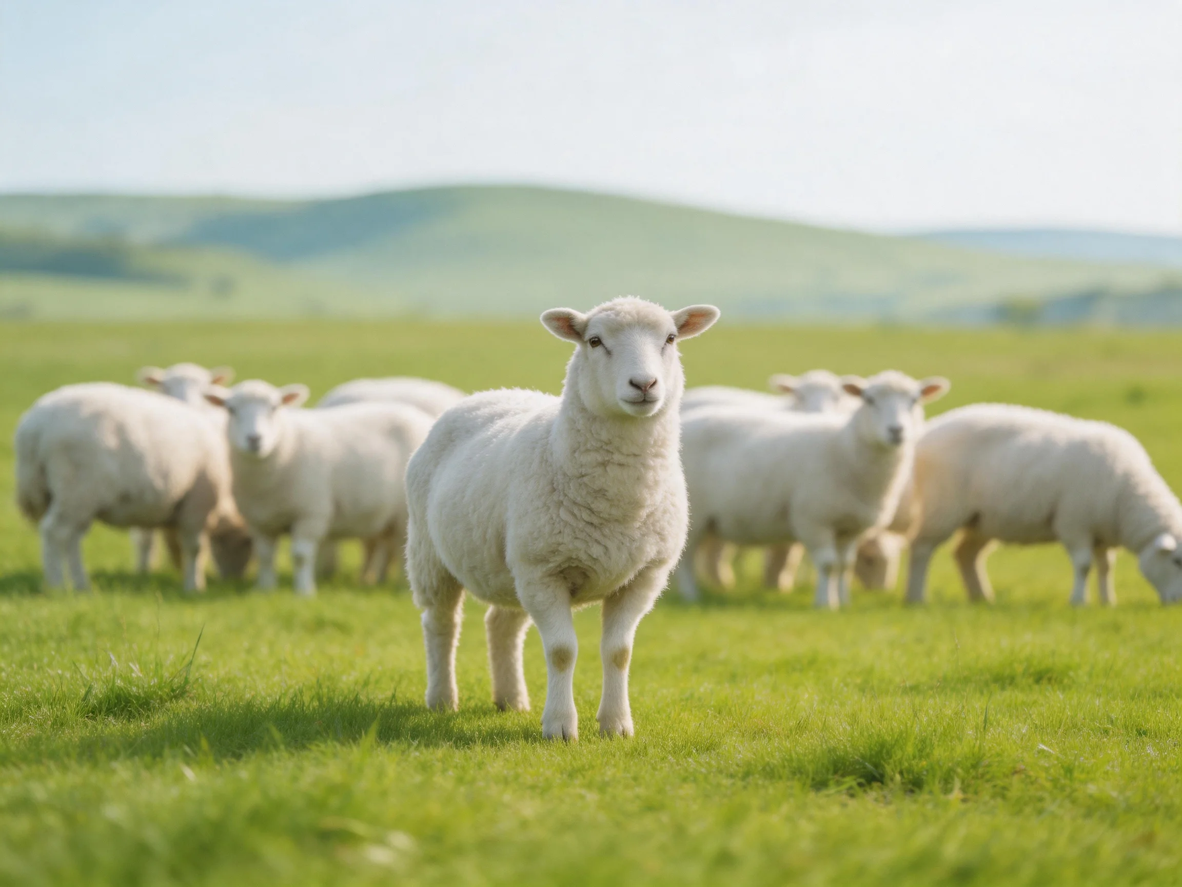 Fluffy white sheep in a sun-drenched green pasture