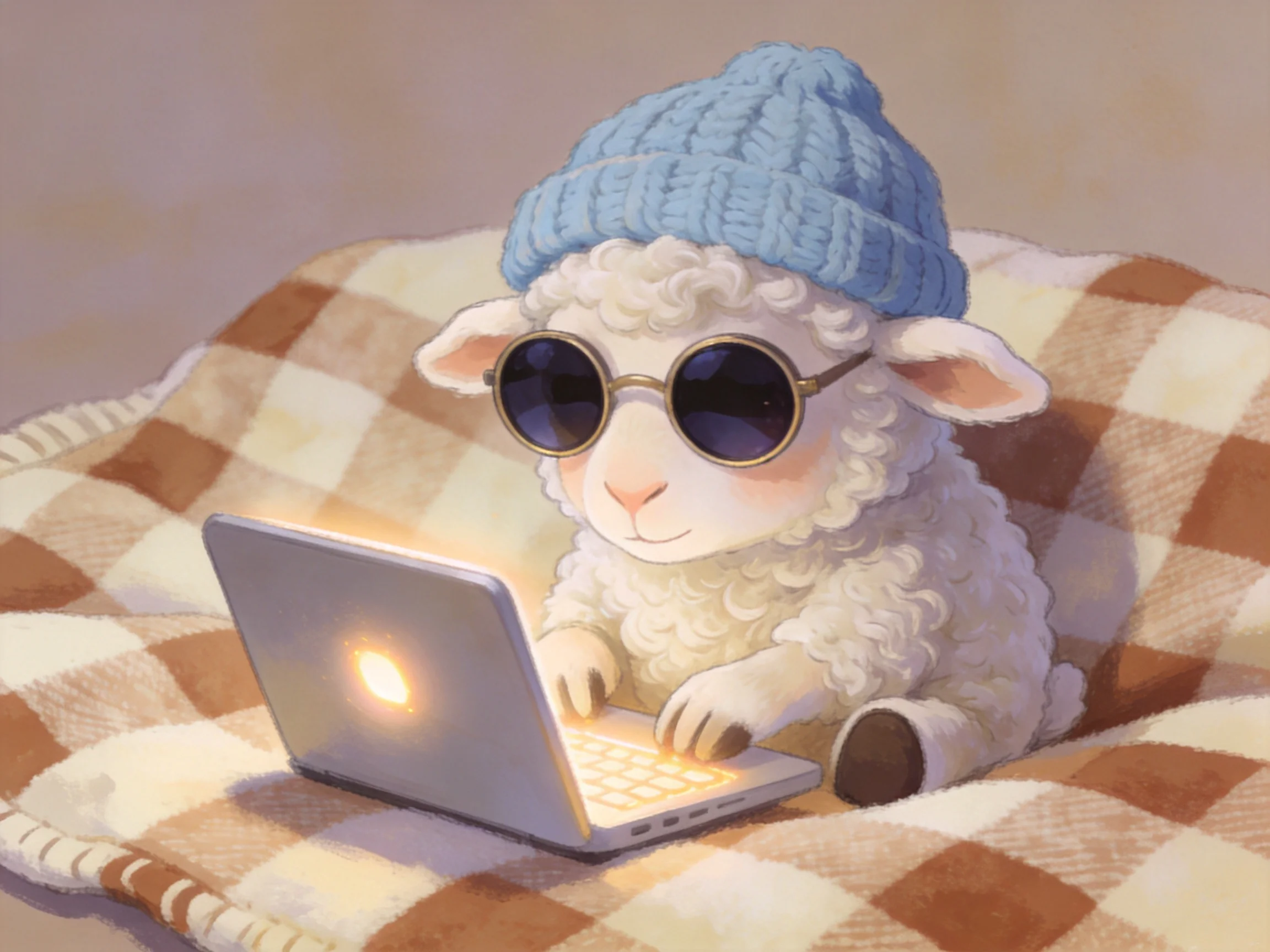 Fluffy white sheep in blue knit hat uses silver laptop on checkered blanket