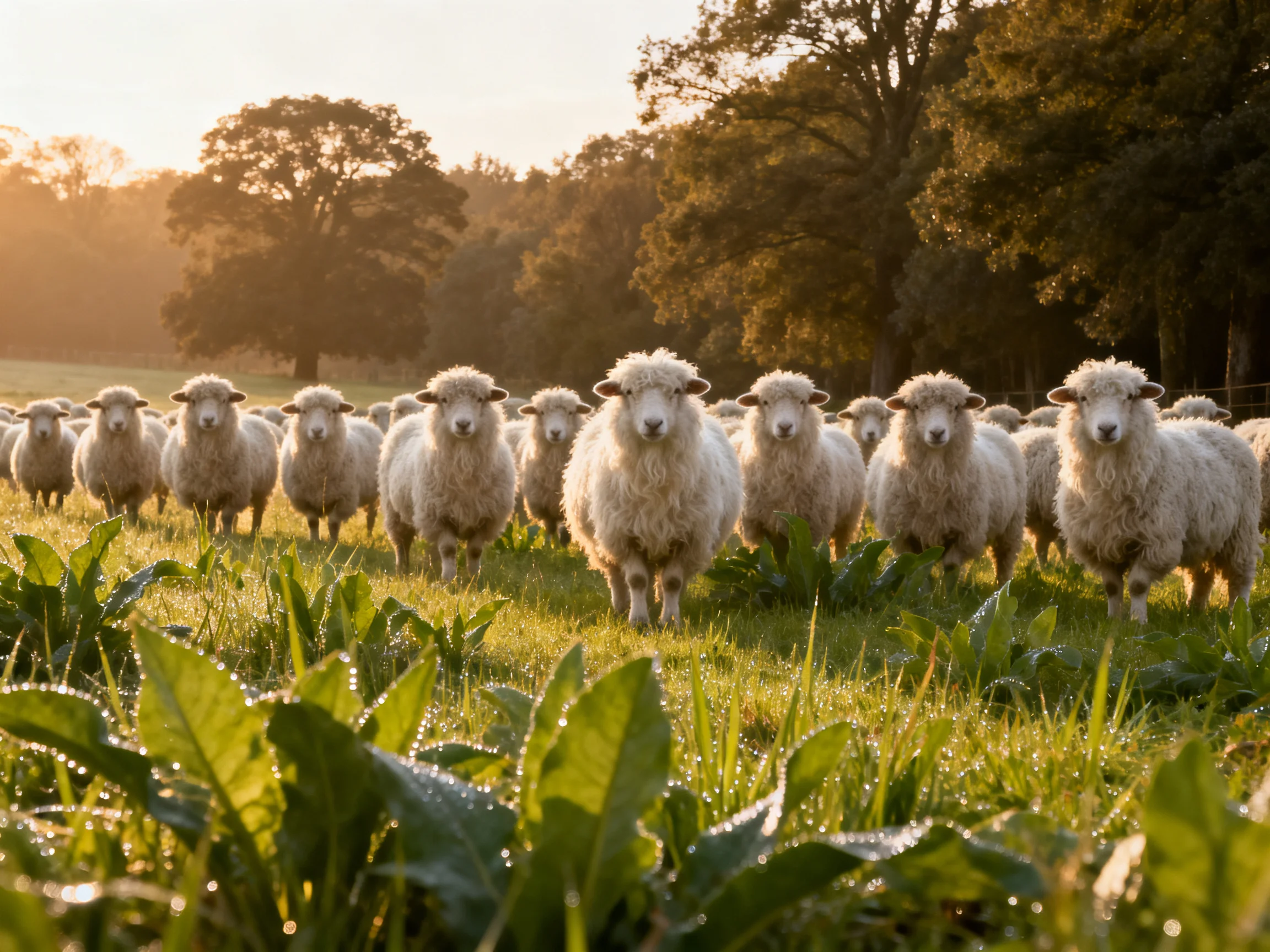 Fluffy white sheep in dewy green pasture under golden sunlight